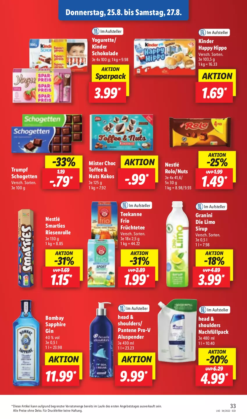 Aktueller Prospekt Lidl - Aktionsprospekt - von 22.08 bis 27.08.2022 - strona 33 - produkty: angebot, bombay sapphire, eis, elle, früchte, Früchtetee, gin, granini, granini die limo, hipp, Kinder, kinder schokolade, kokos, limo, nestlé, pantene, pantene pro-v, pro-v, reis, rum, sapphire, schogetten, schoko, schokolade, sirup, smarties, tee, teekanne, teller, Ti, Yo, yogurette, ZTE