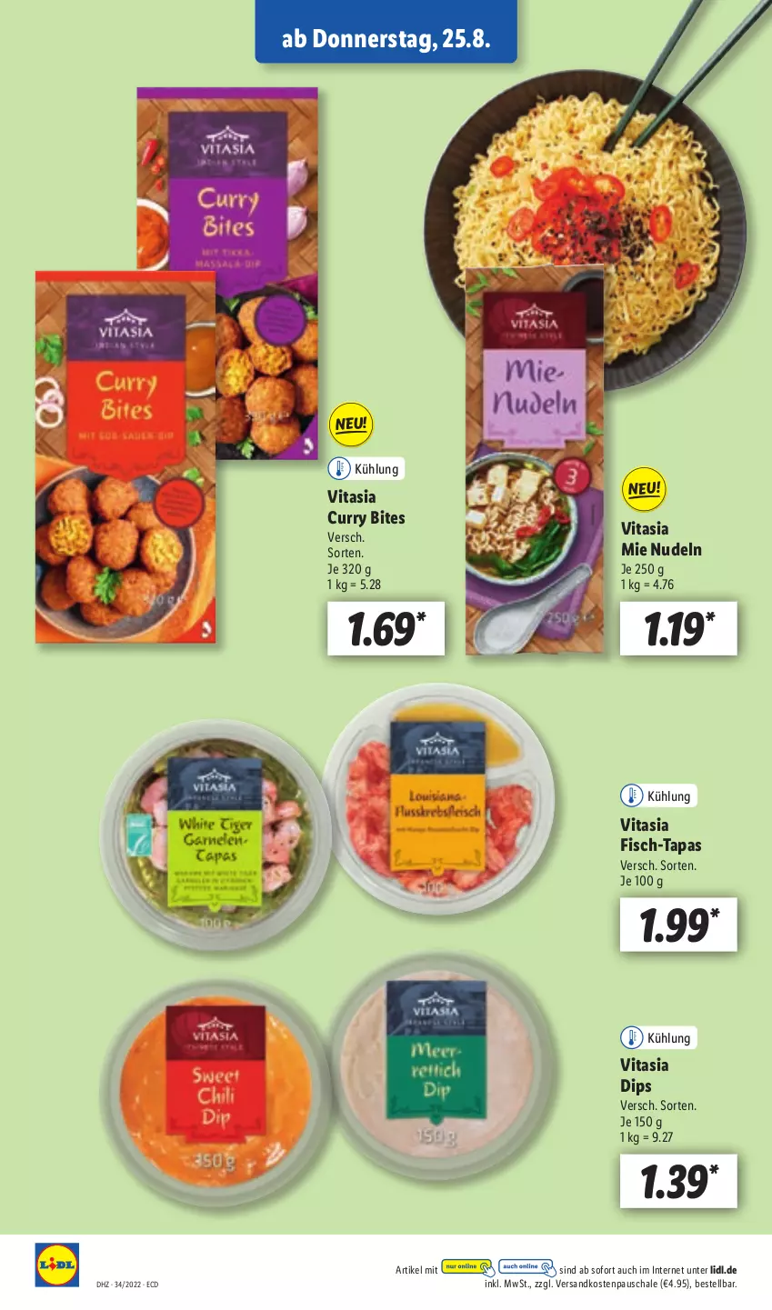 Aktueller Prospekt Lidl - Aktionsprospekt - von 22.08 bis 27.08.2022 - strona 38 - produkty: bites, curry, dip, fisch, ndk, nudel, nudeln, Schal, Schale, Tapas, Ti, vita