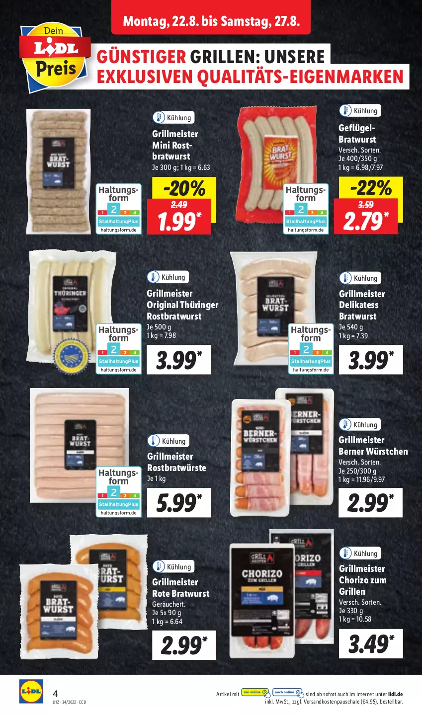 Aktueller Prospekt Lidl - Aktionsprospekt - von 22.08 bis 27.08.2022 - strona 4 - produkty: bratwurst, chorizo, eis, Geflügel, gin, grill, Meister, ndk, original thüringer, ring, rostbratwurst, Schal, Schale, thüringer rostbratwurst, Ti, wurst, würstchen