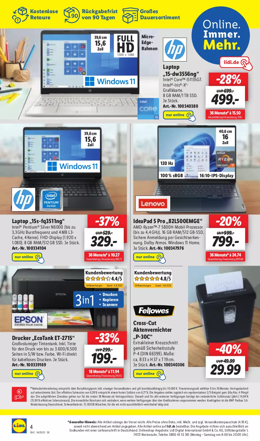 Aktueller Prospekt Lidl - Aktionsprospekt - von 22.08 bis 27.08.2022 - strona 50 - produkty: Aktenvernichter, angebot, angebote, auer, drucker, eis, elle, erde, Intel, ips-display, Laptop, leine, ndk, Pentium, reis, rel, ryzen, Schal, Schale, ssd, telefon, Ti, uhr