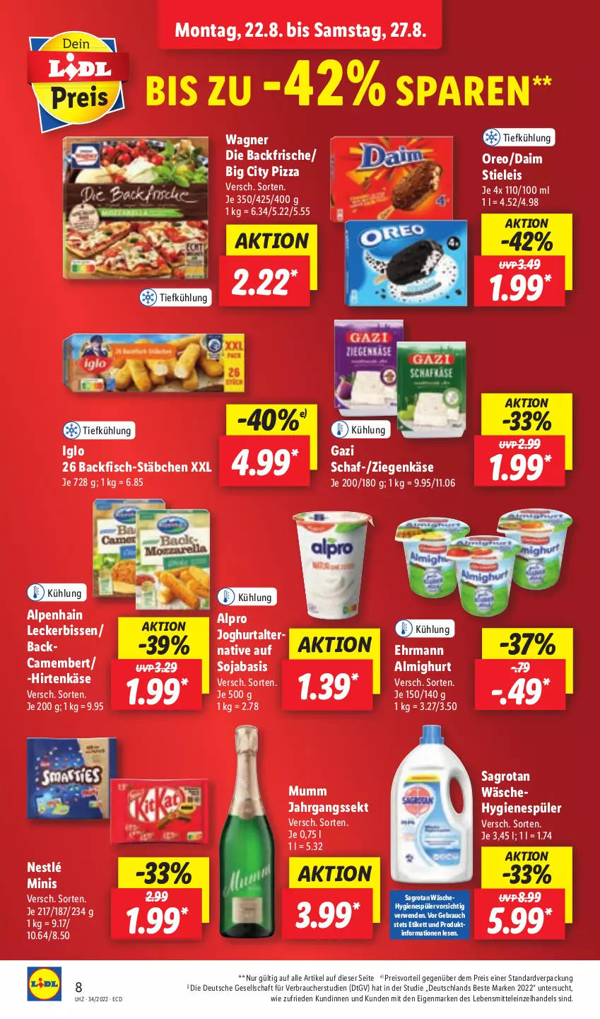 Aktueller Prospekt Lidl - Aktionsprospekt - von 22.08 bis 27.08.2022 - strona 8 - produkty: almighur, almighurt, Alpenhain, alpro, backfisch, camembert, daim, ehrmann, ehrmann almighurt, eis, fisch, hirtenkäse, hygienespüler, iglo, jahrgangssekt, joghur, joghurt, Käse, lebensmittel, mumm, nestlé, oreo, pizza, preisvorteil, Rauch, reis, rwe, sagrotan, sekt, soja, stieleis, Ti, wagner, ziegenkäse