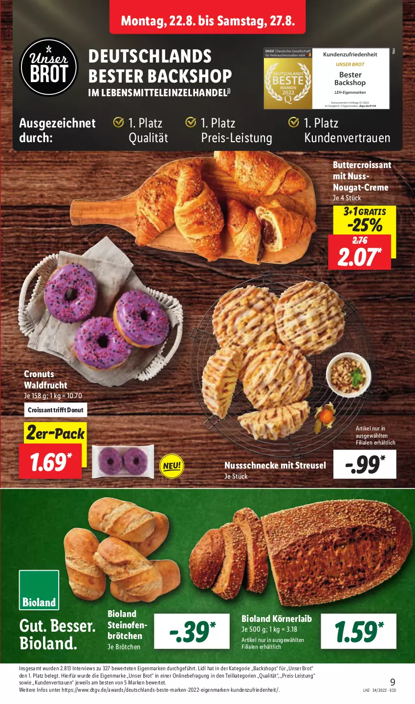 Aktueller Prospekt Lidl - Aktionsprospekt - von 22.08 bis 27.08.2022 - strona 9 - produkty: bio, bioland, brot, brötchen, butter, creme, Croissant, Donut, eis, frucht, lebensmittel, nuss, Nussschnecke, Ofen, reis, steinofen, Ti