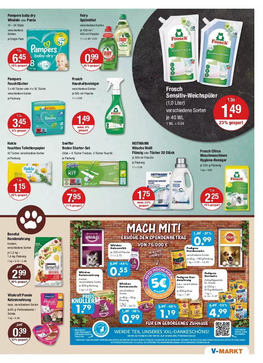 Aktueller Prospekt Vmarkt - V-Markt - von 22.09 bis 28.09.2022 - strona 11 - produkty: asti, beutel, citrus, dentastix, eis, erde, fairy, feuchtes toilettenpapier, feuchttücher, flasche, Frosch, hakle, heitmann, hundenahrung, hundesnack, hundesnacks, hygiene-reiniger, je 250-g-packung, je 500-ml-flasche, katzenmilch, katzennahrung, katzensnack, katzensnacks, kraft, mac, mars, milch, pampers, pampers baby dry, Pants, papier, pedigree, portionsbeutel, reiniger, reis, Schal, Schale, snack, snacks, spülmittel, swiffer, Ti, toilettenpapier, tücher, vita, vitakraft, waschmaschine, waschmaschinen, weichspüler, whiskas, windeln, windeln oder pants