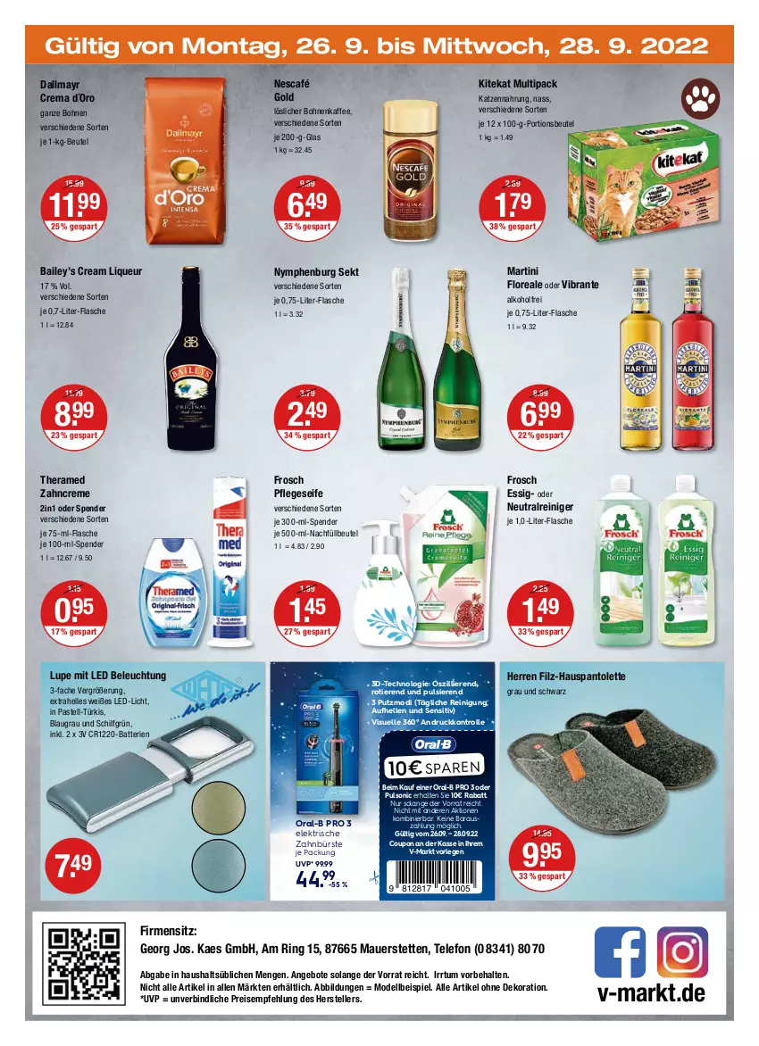 Aktueller Prospekt Vmarkt - V-Markt - von 22.09 bis 28.09.2022 - strona 20 - produkty: alkohol, alle artikel ohne dekoration, angebot, angebote, auer, batterie, batterien, beleuchtung, beutel, bohne, bohnen, bohnenkaffee, bürste, coupon, creme, dallmayr, dekoration, dell, eis, elektrische zahnbürste, elle, essig, flasche, Frosch, kaes, kaffee, katzennahrung, kitekat, led-licht, liqueur, loreal, löslicher bohnenkaffee, martini, Mode, Nescafé, nescafé gold, oral-b, pantolette, portionsbeutel, reiniger, Reinigung, reis, ring, Seife, sekt, telefon, teller, theramed, Ti, Tiere, zahnbürste, zahncreme