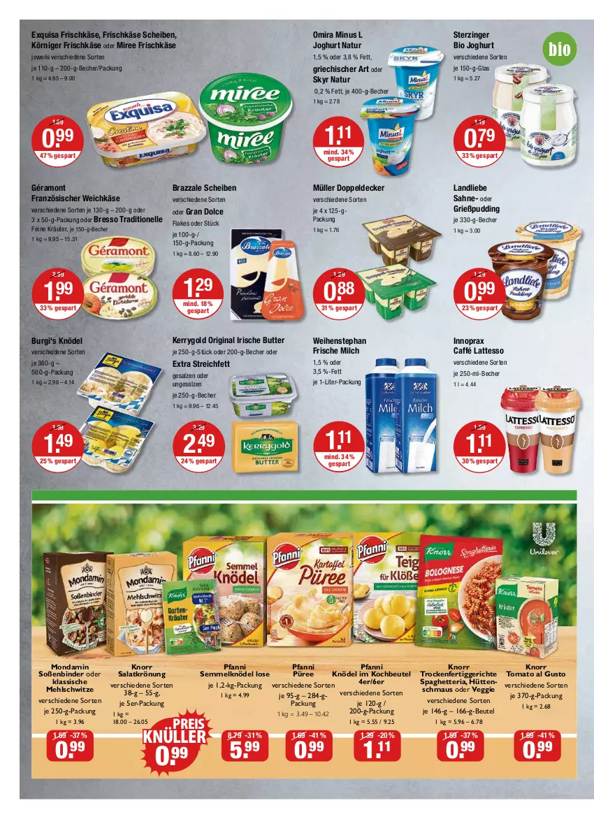 Aktueller Prospekt Vmarkt - V-Markt - von 22.09 bis 28.09.2022 - strona 6 - produkty: Becher, beutel, bio, bresso, butter, decke, eis, elle, exquisa, exquisa frischkäse, fertiggericht, fertiggerichte, flakes, französischer weichkäse, frische milch, frischkäse, géramont, gin, Grießpudding, irische butter, je 250-g-packung, joghur, joghurt, Käse, kerrygold, Knödel, knorr, kochbeutel, Körniger Frischkäse, kräuter, landliebe, latte, lattesso, Maus, mehl, milch, miree, mondamin, Müller, natur, pfanni, pudding, püree, reis, Ria, sahne, salat, salatkrönung, salz, Semmel, Semmelknödel, Skyr, Soße, Ti, tomato al gusto, veggie, weichkäse, weihenstephan