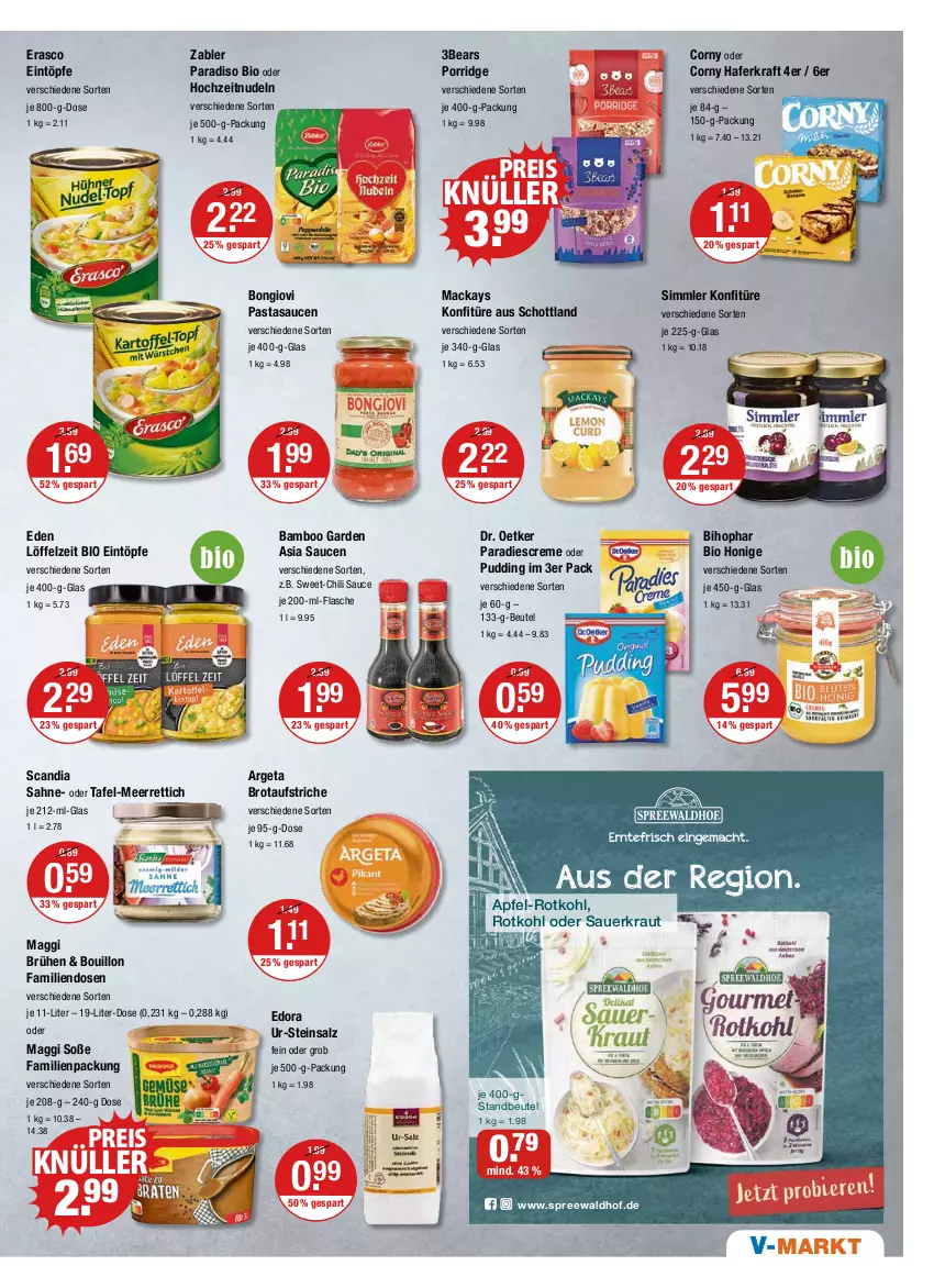 Aktueller Prospekt Vmarkt - V-Markt - von 22.09 bis 28.09.2022 - strona 7 - produkty: apfel, auer, aufstrich, bamboo, beutel, bihophar, bio, brot, brotaufstrich, brotaufstriche, Brühe, chili, corny, creme, Dr. Oetker, eintöpfe, eis, erasco, flasche, hafer, honig, konfitüre, kraft, Kraut, Löffel, mac, maggi, meerrettich, nudel, nudeln, pasta, porridge, pudding, reis, Rettich, rotkohl, sahne, salz, sauce, saucen, Sauerkraut, schott, sim, Soße, spreewaldhof, Ti, Zabler