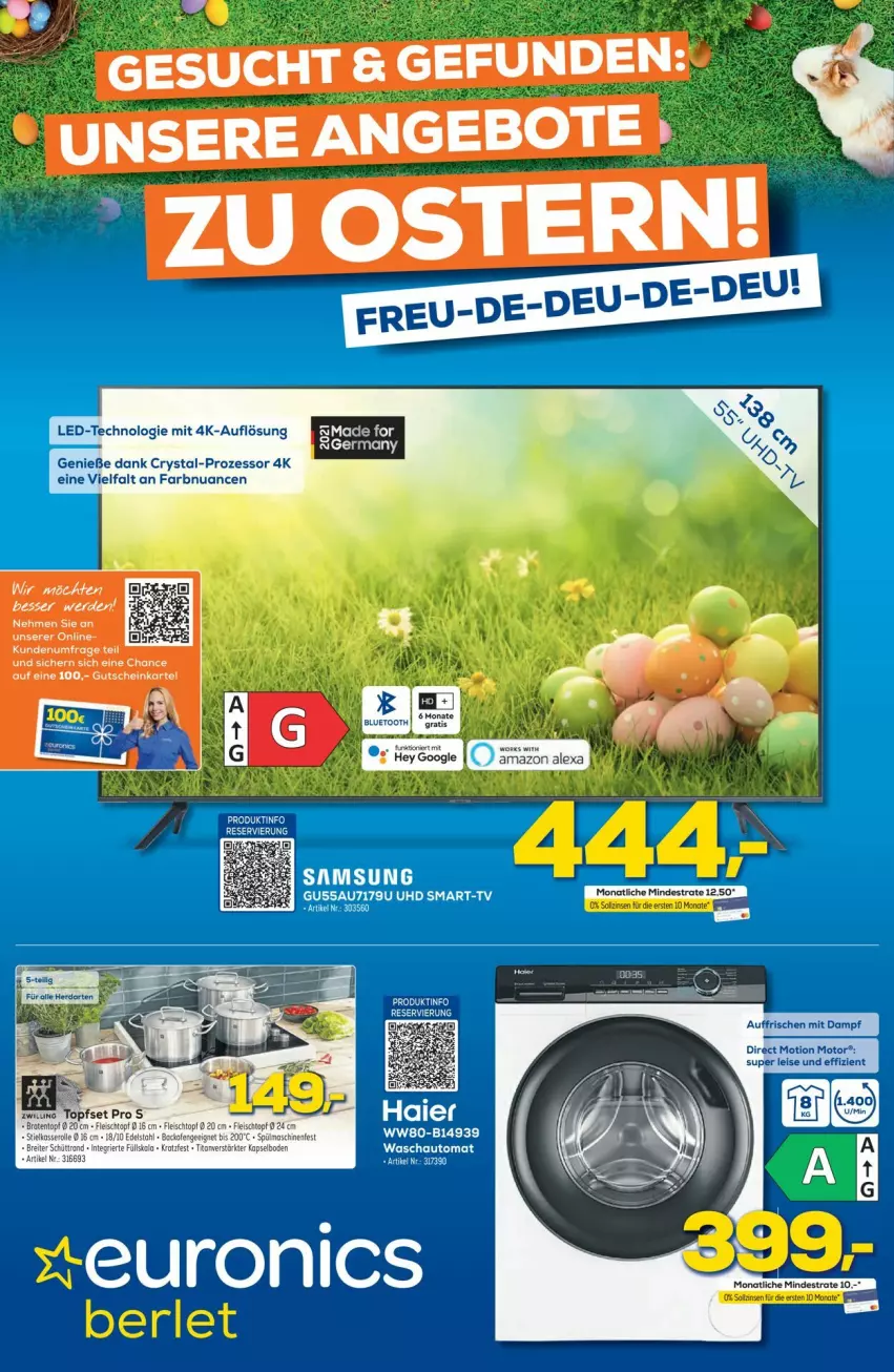 Aktueller Prospekt Euronics - Prospekte - von 12.04 bis 19.04.2023 - strona 1 - produkty: alexa, auto, backofen, eier, eis, fleisch, Fleischtopf, gutschein, Haier, Nuance, Ofen, Samsung, spülmaschinen, Ti, topf, uhd