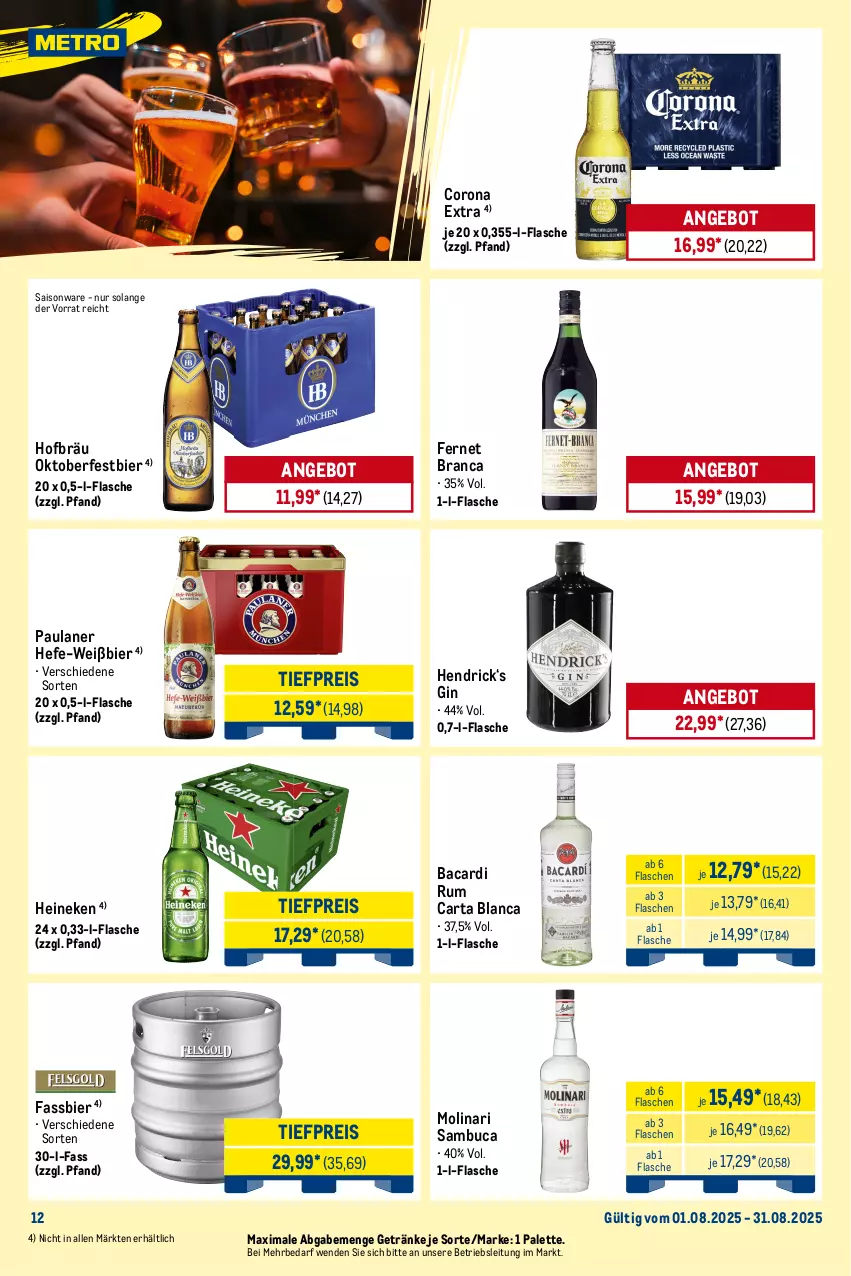 Aktueller Prospekt Metro - Monats-Menü - von 01.08 bis 31.08.2025 - strona 12 - produkty: alkohol, angebot, bacardi, bacardi rum, bier, black label, campari, corona, corona extra, drink, drinks, dry gin, eis, Fernet, fernet branca, flasche, frucht, getränk, getränke, gin, Gorbatschow, gordon, Hefe, heineken, johnnie walker, lack, limette, limetten, london dry, london dry gin, martini, Mett, metten, Molinari, Palette, passionsfrucht, Paula, paulaner, reis, rum, saft, sambuca, Ti, tiefpreis, whiskey, wodka, zitrone, zitronen, zitronensaft