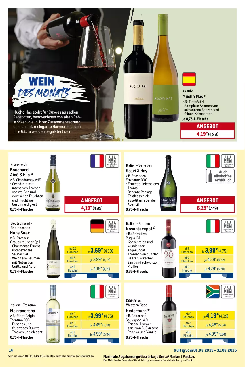 Aktueller Prospekt Metro - Monats-Menü - von 01.08 bis 31.08.2025 - strona 14 - produkty: angebot, aperitif, apfel, beere, beeren, burgunder, cabernet, cabernet sauvignon, Cap, chardonnay, corona, cuvée, ecco, eis, ente, erde, flasche, frizzante, frucht, früchte, früchten, getränk, getränke, grauburgunder, harman, kakao, kirsch, kirsche, kirschen, Metro, metro gastro, mezzacorona, nederburg, Palette, paprika, perla, pfeffer, Pinot, pinot grigio, primitivo, prosecco, Rivaner, sauvignon, Ti, tisch, vanille, Weste