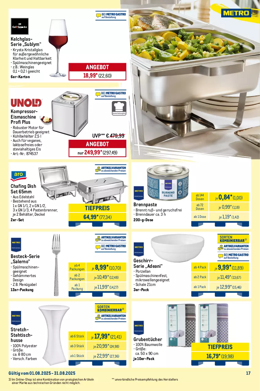 Aktueller Prospekt Metro - Monats-Menü - von 01.08 bis 31.08.2025 - strona 17 - produkty: angebot, asti, auer, Bau, baumwolle, Behälter, besteck, bio, Brei, Brennpaste, decke, Deckel, edelstahl, eis, eismaschine, elle, gabel, geschirr, Geschirrserie, handtücher, kompressor, LG, Löffel, messer, mikrowelle, natur, papier, reis, rwe, sac, Schal, Schale, Serviette, servietten, spülmaschinen, teller, Ti, tiefpreis, tisch, tuc, tücher, wein, wolle