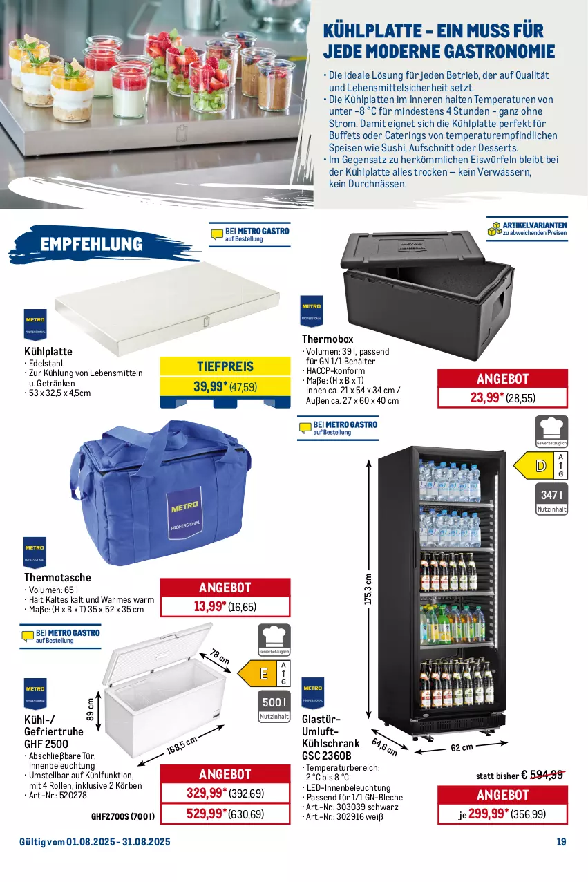 Aktueller Prospekt Metro - Monats-Menü - von 01.08 bis 31.08.2025 - strona 19 - produkty: ACC, angebot, aufschnitt, aust, backofen, Behälter, beleuchtung, bratpfanne, dessert, desserts, edelstahl, eis, eiswürfel, Gasbräter, getränk, getränke, Glastür, grill, grillfläche, Holz, holzkohle, induktionskochfeld, kochfeld, küche, kühlschrank, latte, lebensmittel, LG, maille, Ofen, pfanne, reis, ring, rum, sac, schlauch, Schrank, Sushi, Tasche, Ti, tiefpreis, würfel