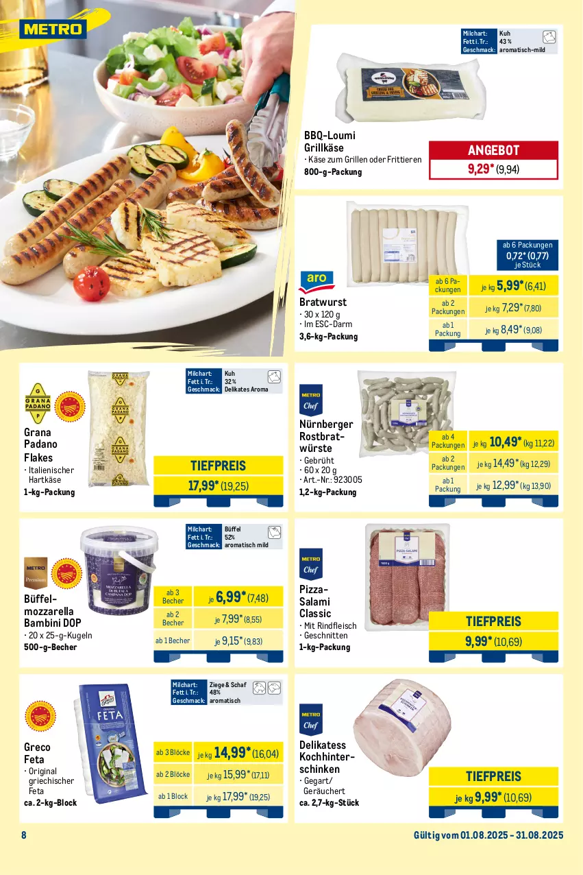 Aktueller Prospekt Metro - Monats-Menü - von 01.08 bis 31.08.2025 - strona 8 - produkty: angebot, Anhänger, auer, Becher, Berger, bratwurst, brezel, eimer, eis, elle, ente, essig, feta, fisch, fische, Fischer, flakes, fleisch, gin, grana, grana padano, grill, Grillkäse, händlmaier, hartkäse, Hausmacher, hengstenberg, hinterschinken, italienischer hartkäse, kartoffel, kartoffelsalat, Käse, Kraut, krautsalat, Kugel, Laugenbrezel, LG, mac, Metro, milch, mozzarella, Müller, nürnberger, padano, paprika, Persona, pizza, Rana, Rauch, reifen, reis, rel, rind, rindfleisch, salami, salat, Sauerkraut, schinken, schnitten, senf, Ti, tiefpreis, Tiere, tisch, wein, Weinsauerkraut, wurst