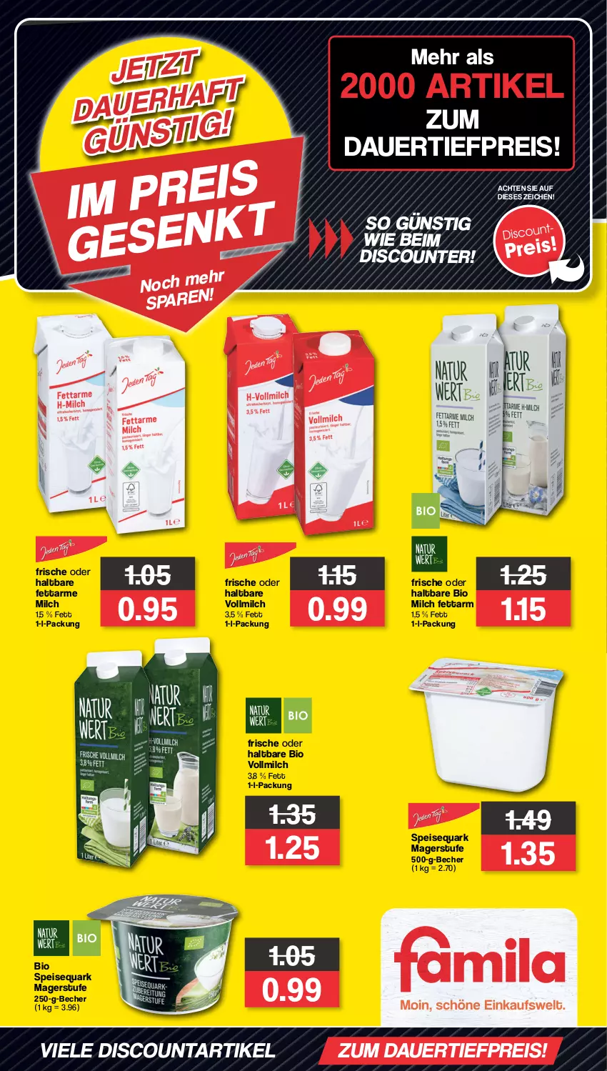 Aktueller Prospekt Famila - Prospekte - von 16.06 bis 22.07.2023 - strona 1 - produkty: auer, Becher, bio, dauertiefpreis, discount, eis, milch, quark, reis, speisequark, Ti, tiefpreis, vollmilch