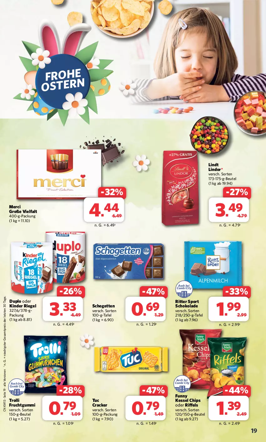 Aktueller Prospekt Combi - Prospekte - von 25.03 bis 30.03.2024 - strona 20 - produkty: beutel, chips, cracker, duplo, eis, frucht, fruchtgummi, Kinder, kinder riegel, lindor, lindt, merci, reis, riegel, ritter, ritter sport, schogetten, schoko, schokolade, Sport, trolli, trolli fruchtgummi, tuc, ZTE