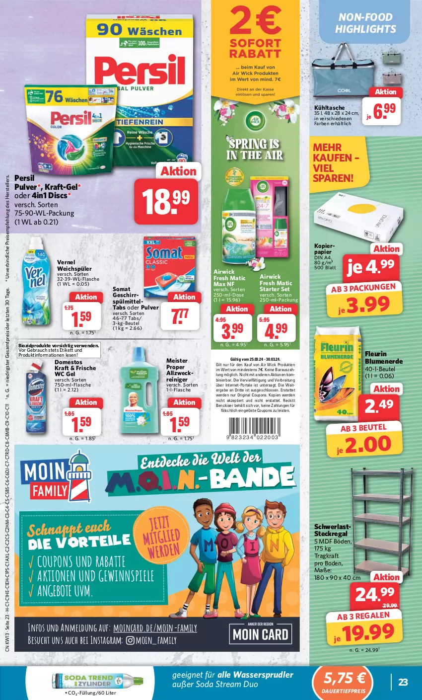 Aktueller Prospekt Combi - Prospekte - von 25.03 bis 30.03.2024 - strona 24 - produkty: Air Wick, airwick, allzweckreiniger, angebot, angebote, auer, beutel, bio, biozidprodukte, blume, blumen, blumenerde, Brei, coupon, coupons, dauertiefpreis, din a4, domestos, Eckregal, eis, elle, erde, flasche, geschirr, geschirrspülmittel, gewinnspiel, gin, kopierpapier, kraft, kühltasche, Meister, meister proper, papier, persil, Rauch, regal, reiniger, reis, rwe, Soda, somat, Spiele, spülmittel, steckregal, Tasche, teller, Ti, tiefpreis, vernel, wasser, wassersprudler, weck, weichspüler, WICK, ZTE