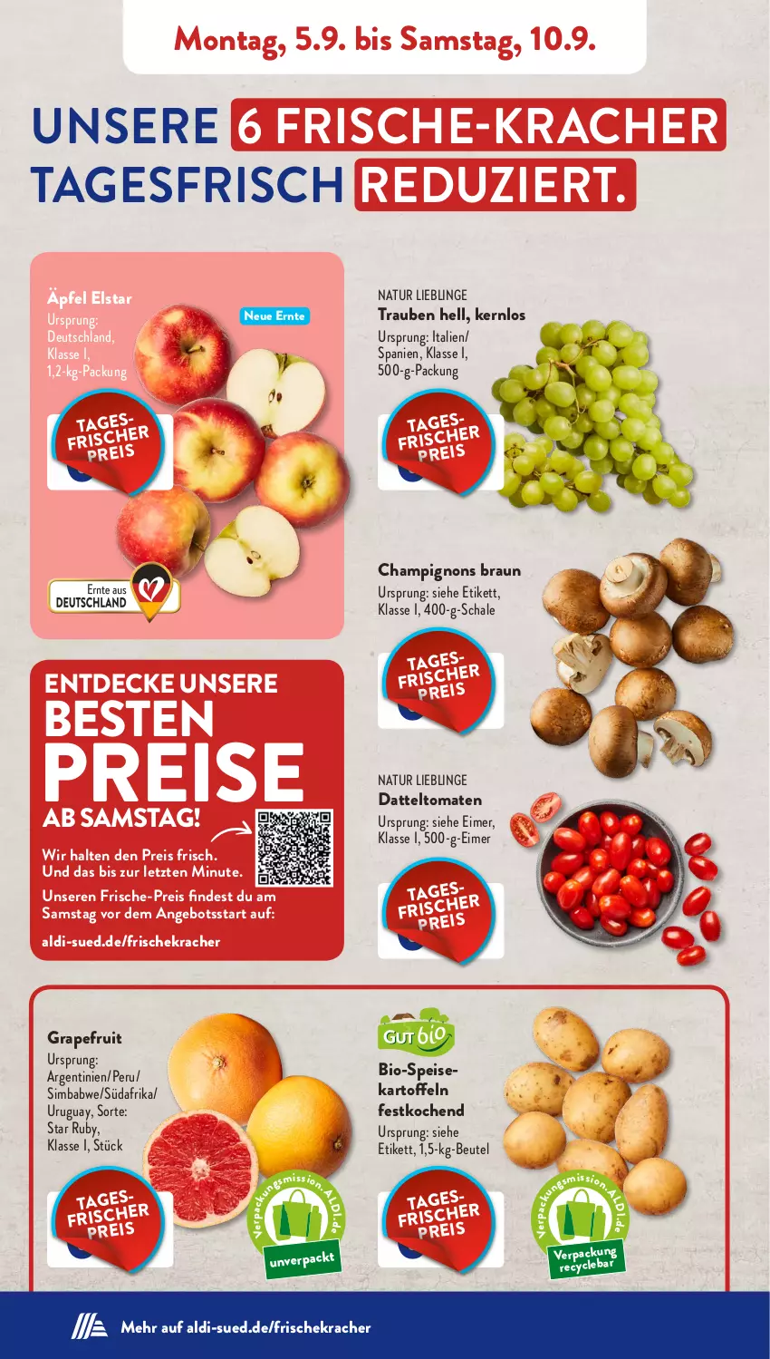 Aktueller Prospekt AldiSud - NÄCHSTE WOCHE - von 05.09 bis 10.09.2022 - strona 2 - produkty: aldi, angebot, beutel, bio, braun, champignon, champignons, champignons braun, datteltomaten, decke, eimer, eis, grapefruit, kartoffel, kartoffeln, kracher, natur, reis, Schal, Schale, sim, simba, speisekartoffeln, Ti, tomate, tomaten, trauben, ZTE