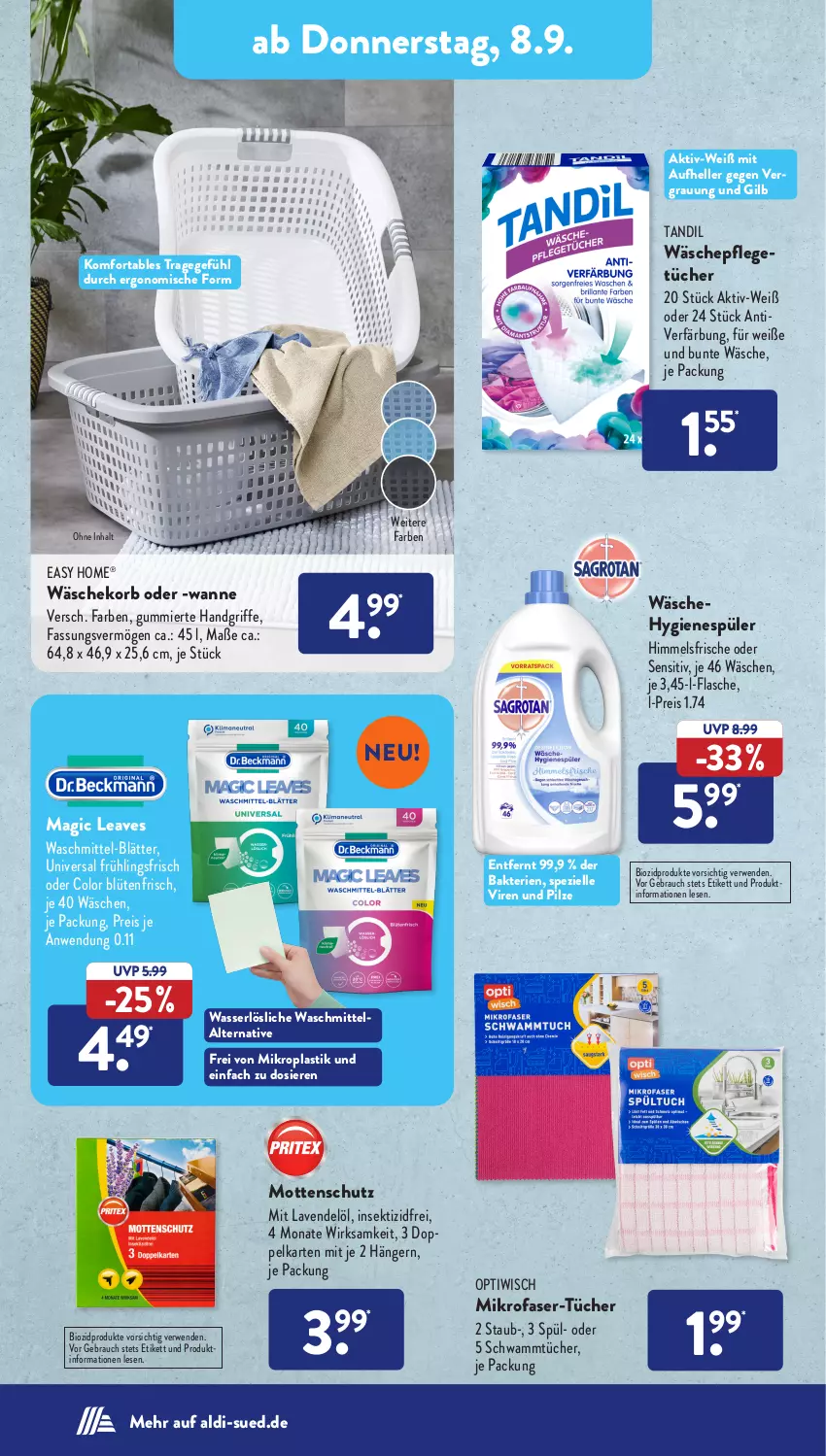 Aktueller Prospekt AldiSud - NÄCHSTE WOCHE - von 05.09 bis 10.09.2022 - strona 22 - produkty: aldi, asti, bio, biozidprodukte, Blüte, eis, elle, flasche, hygienespüler, Insektizid, korb, lavendel, mikrofaser, Optiwisch, pilze, Rauch, reis, rwe, schwamm, sekt, Spezi, Ti, tücher, Wanne, wäschekorb, waschmittel, wasser