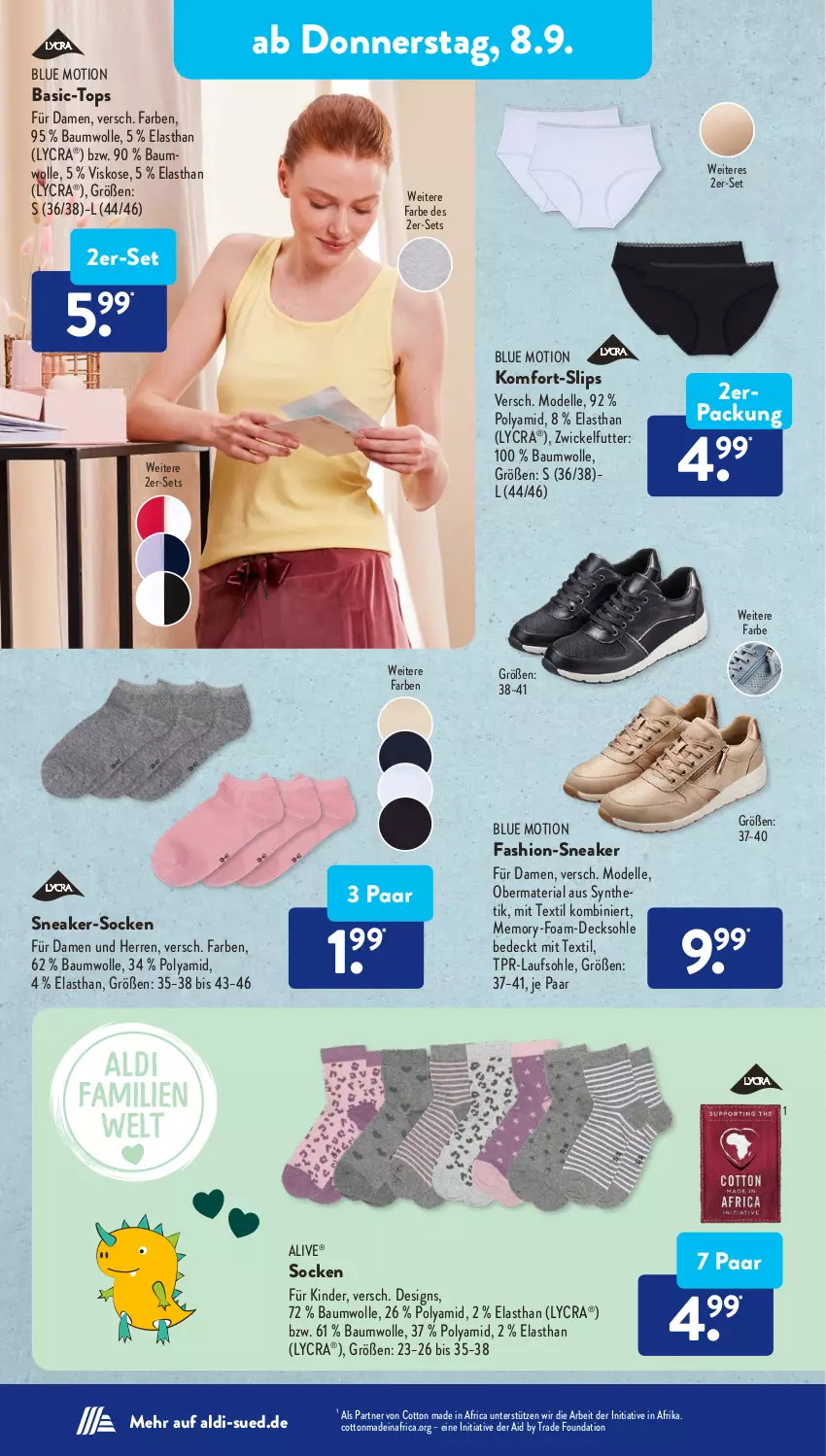 Aktueller Prospekt AldiSud - NÄCHSTE WOCHE - von 05.09 bis 10.09.2022 - strona 26 - produkty: aldi, Bau, baumwolle, decksohle, dell, elle, Kinder, Mode, Ria, slip, slips, sneaker, socken, Ti, WICK, wolle