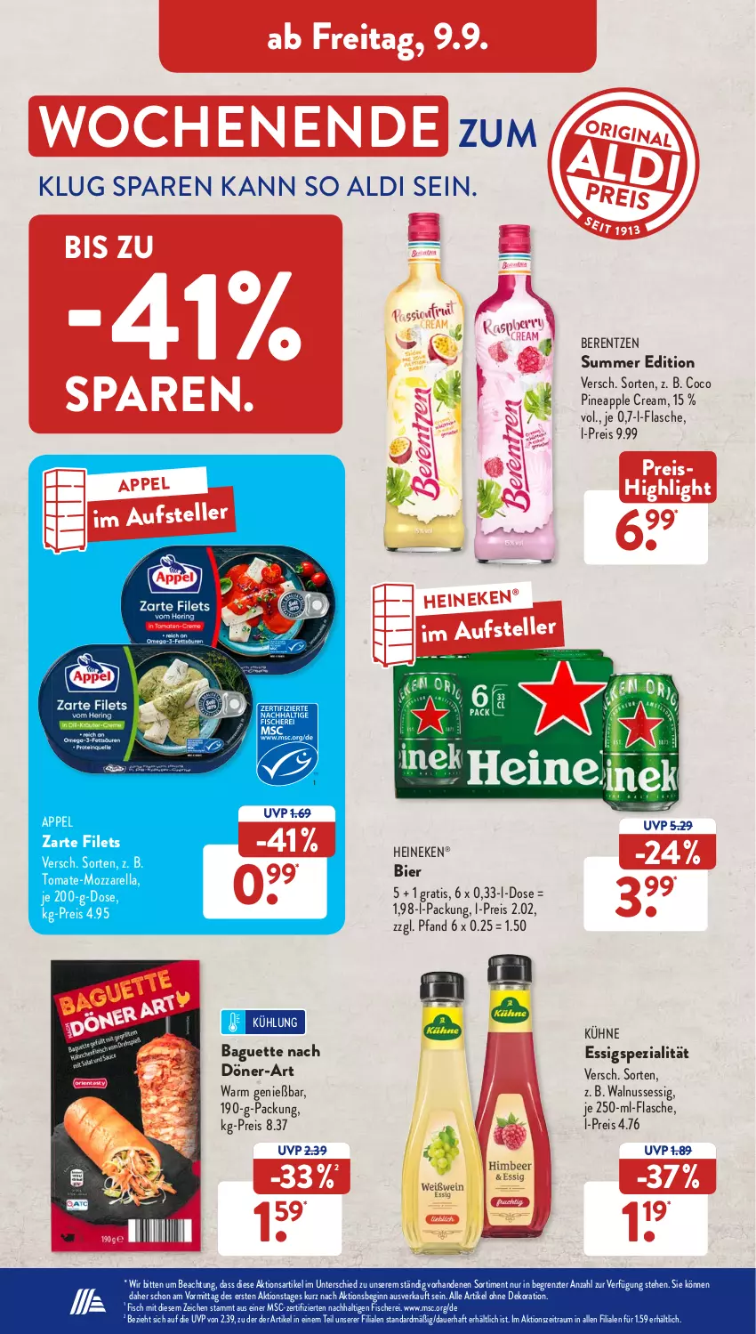 Aktueller Prospekt AldiSud - NÄCHSTE WOCHE - von 05.09 bis 10.09.2022 - strona 28 - produkty: aldi, alle artikel ohne dekoration, Apple, auer, baguette, berentzen, bier, dekoration, eis, elle, essig, filet, filets, fisch, fische, Fischer, flasche, gin, heineken, knallerpreis, Kühne, mozzarella, nuss, reis, rel, Schere, Spezi, teller, Ti, tomate, walnuss, ZTE