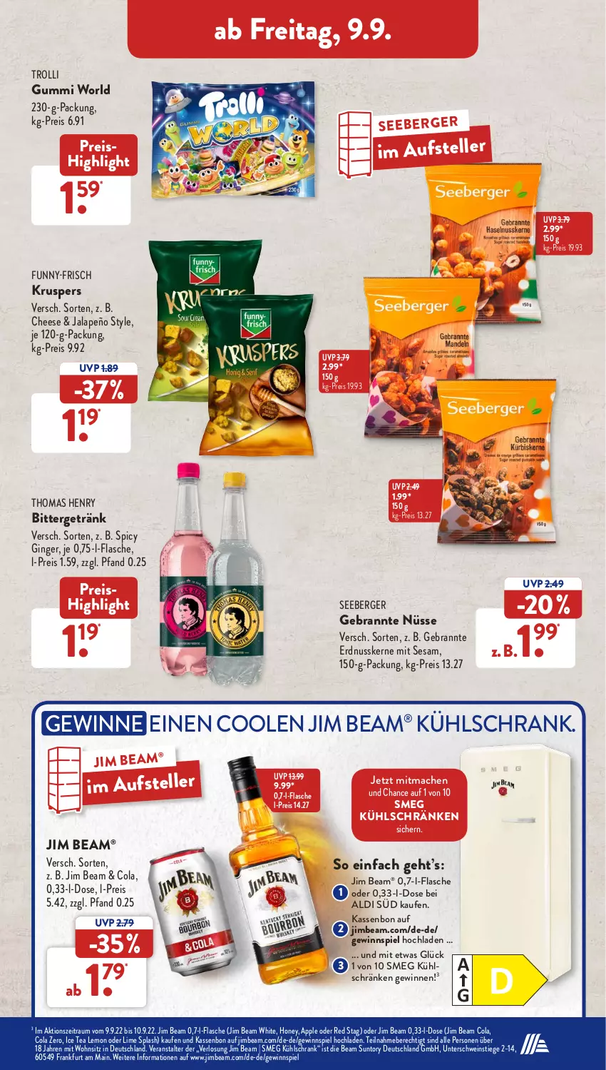 Aktueller Prospekt AldiSud - NÄCHSTE WOCHE - von 05.09 bis 10.09.2022 - strona 29 - produkty: aldi, Apple, Berger, cola, eis, elle, erdnuss, flasche, funny-frisch, getränk, gewinnspiel, gin, ginger, ice tea, jalapeño, jim beam, kühlschrank, mac, nuss, reis, Schrank, schwein, seeberger, sesam, teller, thomas henry, Ti, trolli, wein