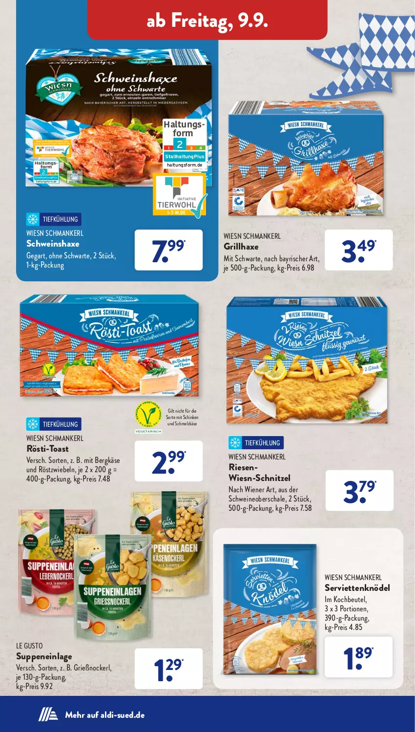 Aktueller Prospekt AldiSud - NÄCHSTE WOCHE - von 05.09 bis 10.09.2022 - strona 34 - produkty: aldi, axe, Bergkäse, beutel, eis, grill, grillhaxe, Haxe, Käse, Knödel, kochbeutel, reis, röstzwiebeln, Schal, Schale, schinken, Schmelzkäse, schnitzel, schwein, schweine, Serviette, servietten, suppe, suppen, Ti, toast, wein, weine, wiener, zwiebel, zwiebeln