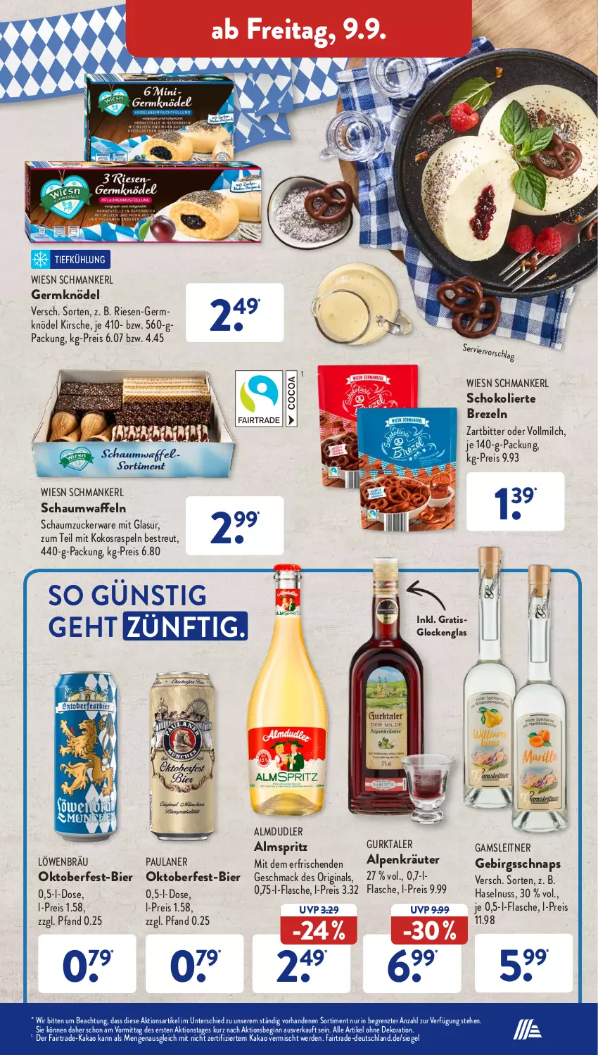 Aktueller Prospekt AldiSud - NÄCHSTE WOCHE - von 05.09 bis 10.09.2022 - strona 35 - produkty: alle artikel ohne dekoration, almdudler, bier, brezel, Brezeln, dekoration, eis, erde, flasche, Germ, gin, Gurktaler, haselnuss, kakao, kirsch, kirsche, Knödel, kokos, kräuter, mac, milch, nuss, Paula, paulaner, reis, Schaumzucker, schoko, Ti, vollmilch, waffeln, ZTE, zucker