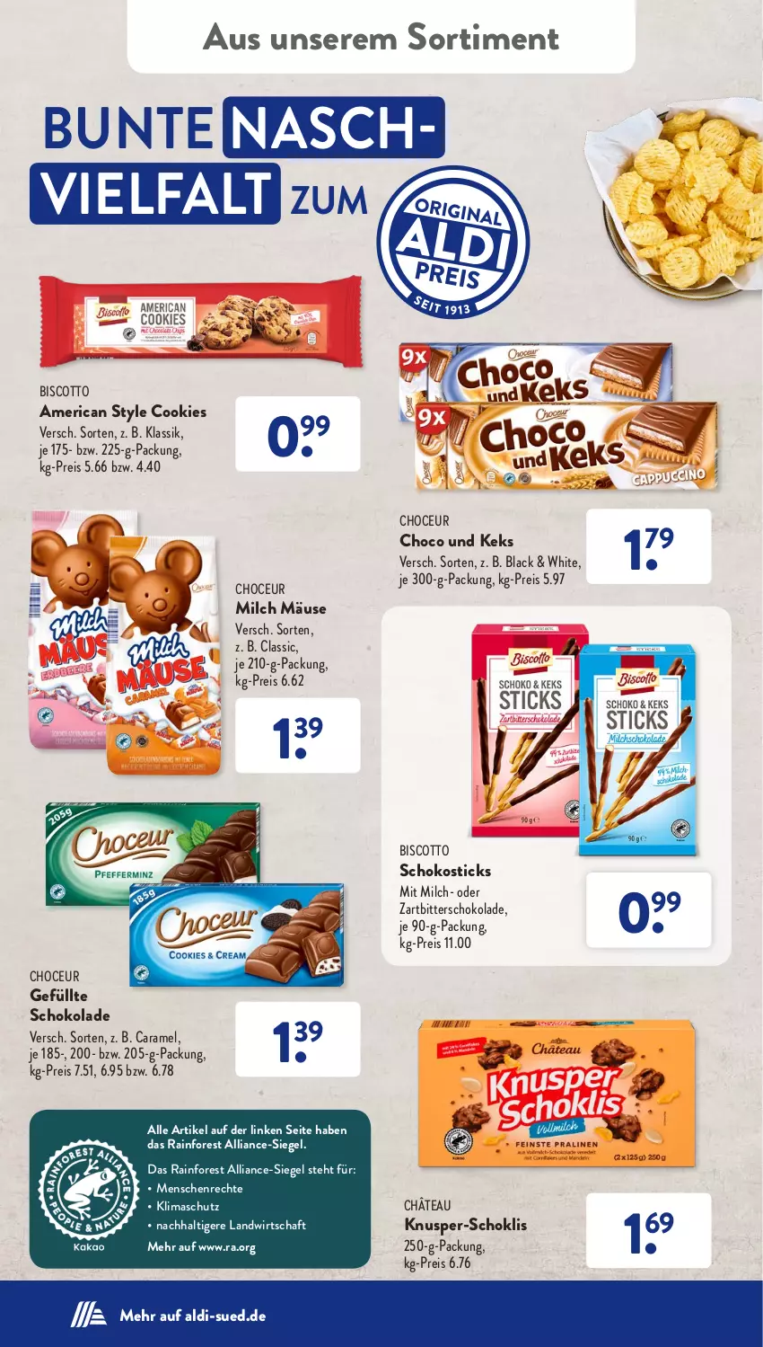 Aktueller Prospekt AldiSud - NÄCHSTE WOCHE - von 05.09 bis 10.09.2022 - strona 36 - produkty: aldi, biscotto, caramel, cookie, cookies, eis, keks, lack, milch, Milch Mäuse, reis, schoko, schokolade, Ti, Zartbitterschokolade