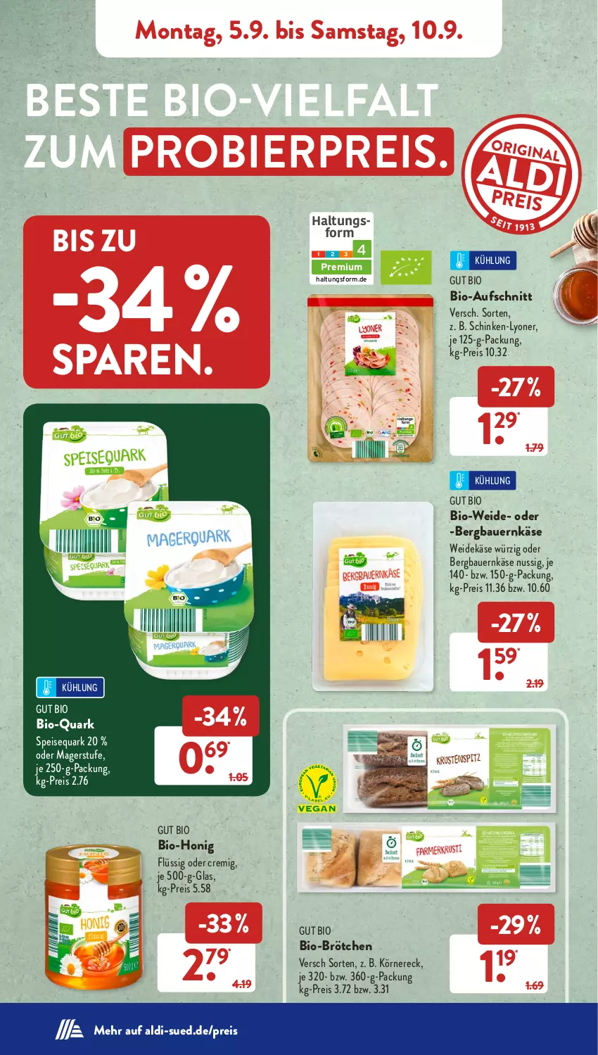 Aktueller Prospekt AldiSud - NÄCHSTE WOCHE - von 05.09 bis 10.09.2022 - strona 6 - produkty: aldi, auer, aufschnitt, Bau, Bauer, bier, bio, brötchen, eis, honig, je 250-g-packung, Käse, lyoner, nuss, quark, reis, schinken, speisequark, Yo