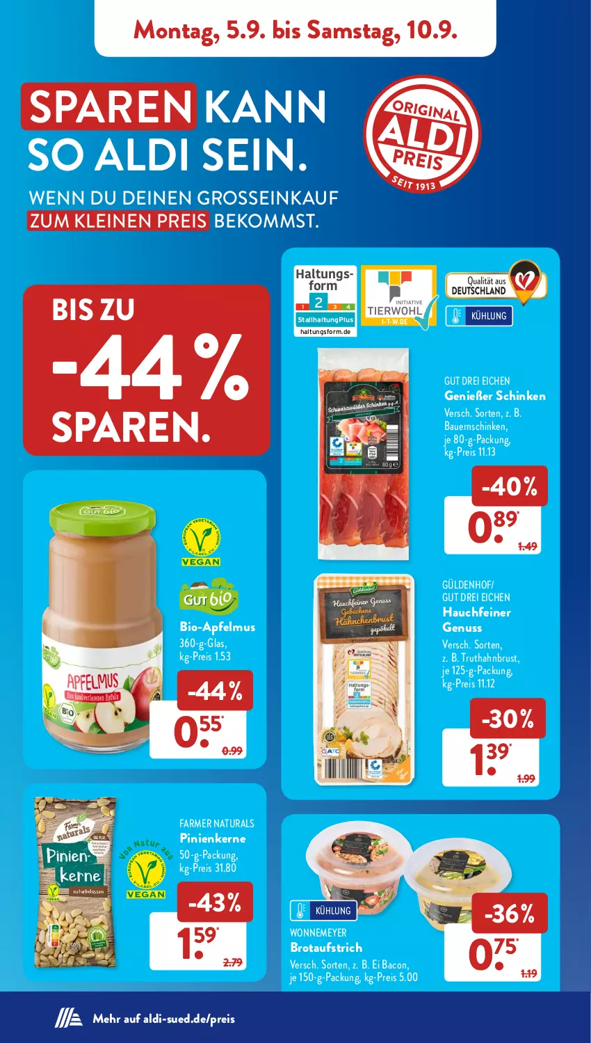 Aktueller Prospekt AldiSud - NÄCHSTE WOCHE - von 05.09 bis 10.09.2022 - strona 8 - produkty: aldi, apfel, apfelmus, auer, aufstrich, bacon, Bau, Bauer, Bauernschinken, beko, bio, brot, brotaufstrich, eis, leine, natur, natura, nuss, pinienkerne, reis, schinken, truthahn