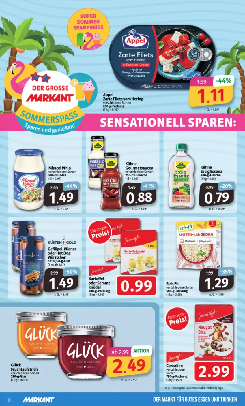 Aktueller Prospekt Markant - Prospekte - von 17.07 bis 22.07.2023 - strona 8 - produkty: aufstrich, cerealien, eis, essig, filet, filets, flasche, frucht, fruchtaufstrich, Geflügel, gutes essen, hering, hot dog, kartoffel, Knödel, Kühne, miracel, miracel whip, omega, Omega-3, reis, ring, sauce, saucen, Semmel, wiener, würstchen, ZTE