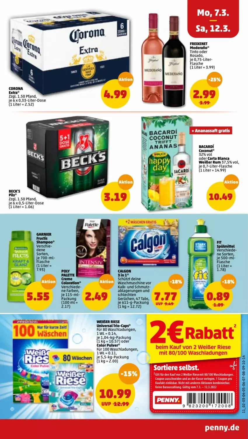 Aktueller Prospekt Penny - Prospekte - von 07.03 bis 12.03.2022 - strona 11 - produkty: bacardi, beck's, calgon, Cap, coconut, flasche, freixenet, garnier, LG, Palette, pils, rum, spülmittel, Ti, waschmaschine