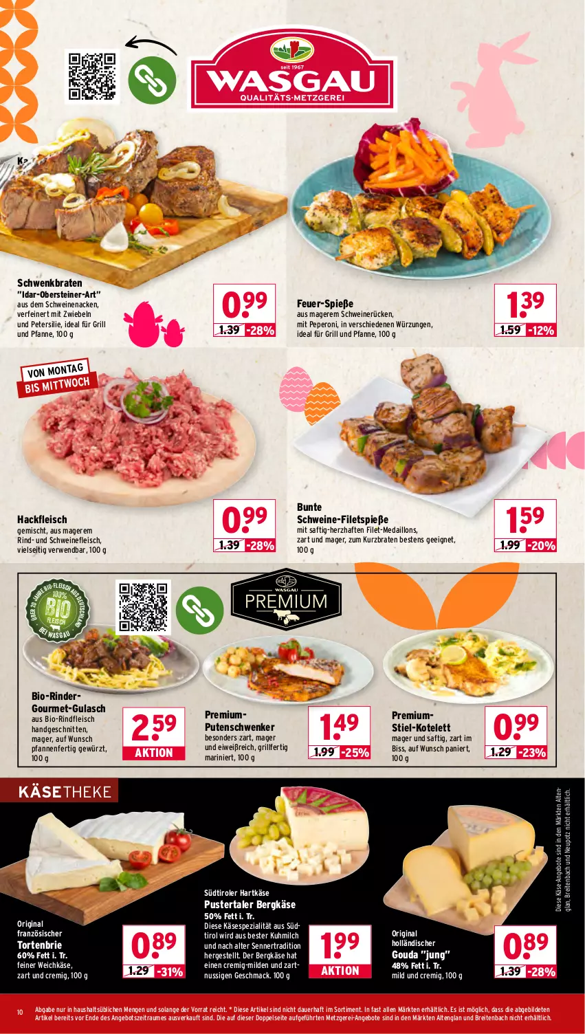 Aktueller Prospekt Wasgau - von 30.03 bis 04.04.2026 - strona 10 - produkty: angebot, angebote, auer, Bergkäse, bio, bio-rindfleisch, braten, Brei, brie, eis, filet, filets, fleisch, für grill und pfanne, gewürz, gin, gouda, grill, grill und pfanne, gulasch, hackfleisch, hartkäse, ideal für grill, ideal für grill und pfanne, Kaninchenkeule, Käse, käsetheke, kotelett, mac, medaillons, milch, mit zwiebeln, nuss, peperoni, Peroni, petersilie, pfanne, pfannen, pute, rind, rinder, rindfleisch, rwe, saft, schnitten, schwein, schweine, schweine-filet, schweinefleisch, schweinenacken, schweinerücken, Spezi, steiner, südtiroler, Ti, torte, und pfanne, weichkäse, wein, weine, zwiebel, zwiebeln