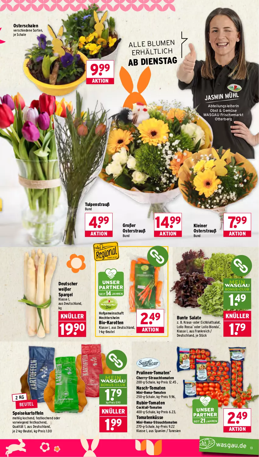 Aktueller Prospekt Wasgau - von 30.03 bis 04.04.2026 - strona 13 - produkty: Abtei, beutel, bio, bio-karotten, blume, blumen, bunte salate, cocktail, Eichblattsalat, eis, karotten, kartoffel, kartoffeln, leine, mehl, obst, pralinen, Rauch, reis, Rubin, salat, salate, Schal, Schale, spargel, speisekartoffeln, strauchtomaten, Ti, tomate, tomaten
