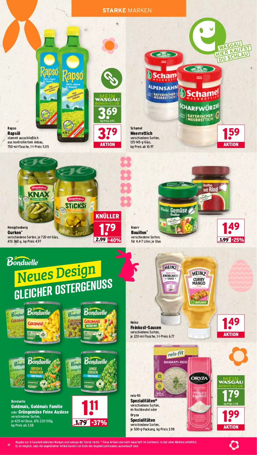 Aktueller Prospekt Wasgau - von 30.03 bis 04.04.2026 - strona 18 - produkty: angebot, auer, Bau, beutel, bonduelle, bonduelle goldmais, eis, elle, feinkost, flasche, Goldmais, gurke, gurken, heinz, hengstenberg, Hengstenberg Gurken, knorr, kochbeutel, mais, meerrettich, nuss, oryza, rapso, rapsöl, reis, reis-fit, Rettich, sauce, saucen, schamel, Spezi, Ti, trolli
