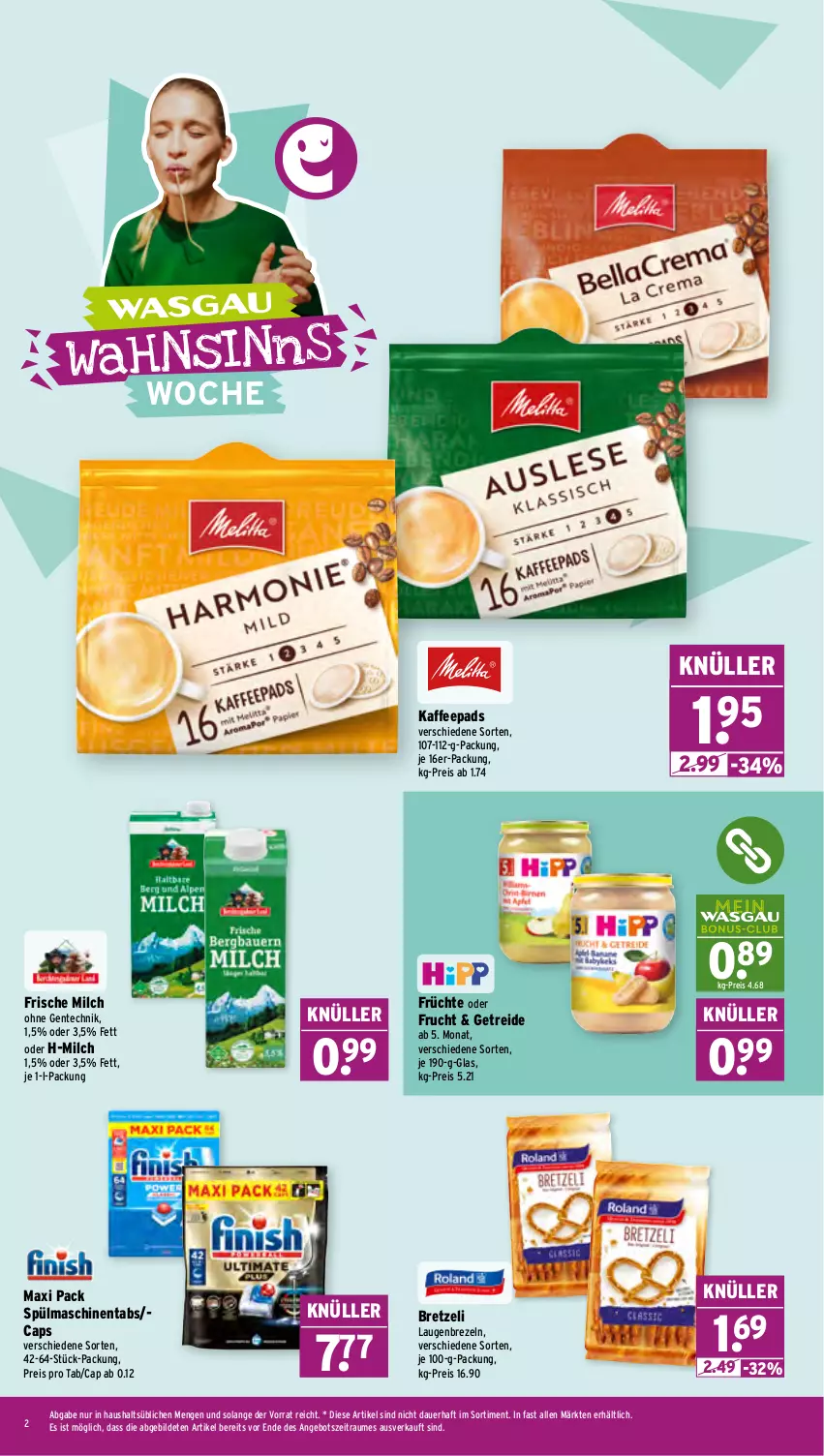 Aktueller Prospekt Wasgau - von 30.03 bis 04.04.2026 - strona 2 - produkty: angebot, auer, brezel, Brezeln, Cap, eis, ente, frische milch, frucht, früchte, kaffee, kaffeepads, Laugenbrezel, milch, reis, spülmaschinen, spülmaschinentabs, Ti