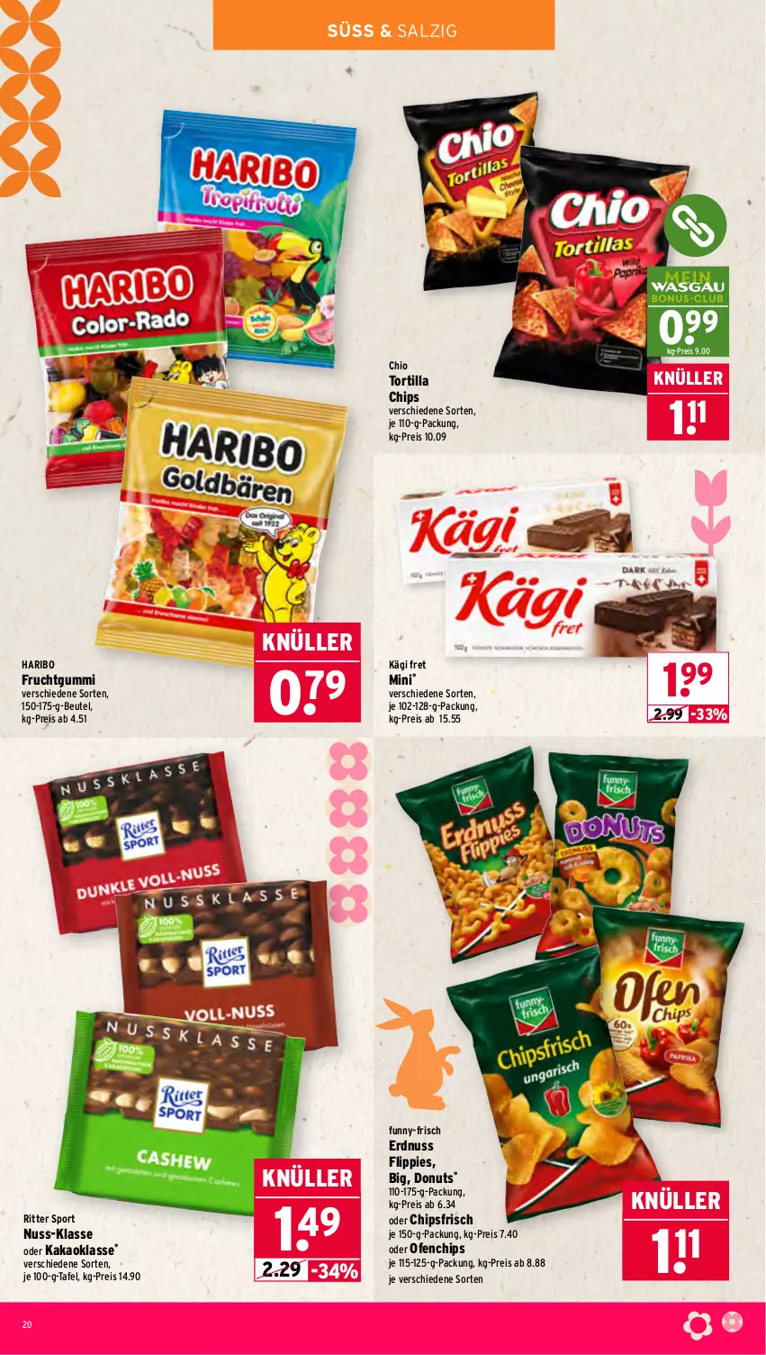 Aktueller Prospekt Wasgau - von 30.03 bis 04.04.2026 - strona 20 - produkty: beutel, chips, chipsfrisch, Donut, donuts, eis, erdnuss, flippies, frucht, fruchtgummi, funny-frisch, haribo, Kägi, kakao, nuss, Ofen, reis, ritter, ritter sport, salz, Sport, Ti, tortilla, Tortilla Chips