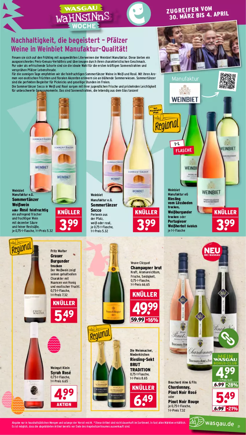 Aktueller Prospekt Wasgau - von 30.03 bis 04.04.2026 - strona 21 - produkty: angebot, auer, brut, burgunder, champagne, champagner, chardonnay, ecco, eis, ente, Faktu, flasche, fritz, frucht, früchte, früchten, grauer burgunder, honig, kraft, mac, Nuance, nuss, Pinot, pinot noir, pril, reis, riesling, rouge, rwe, schorle, sekt, Ti, tisch, wein, weine, Weißburgunder, Weißwein