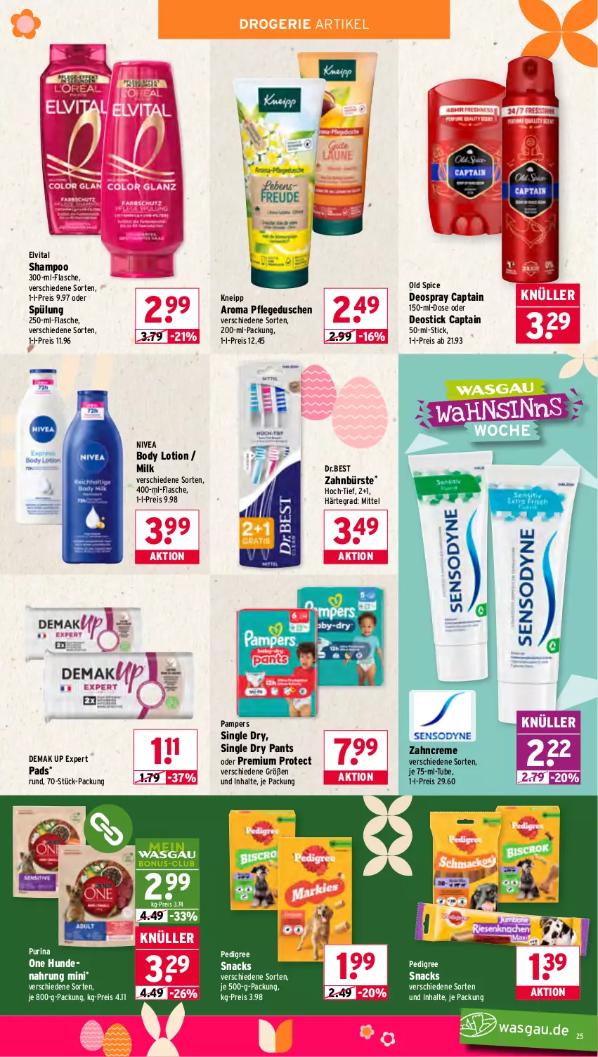 Aktueller Prospekt Wasgau - von 30.03 bis 04.04.2026 - strona 25 - produkty: body, body lotion, bürste, Cap, creme, deo, deospray, Deostick, dusche, eis, elvital, flasche, hundenahrung, kneipp, Lotion, nivea, Old Spice, pampers, Pants, pedigree, pflegedusche, purina, reis, shampoo, snack, snacks, spülung, Ti, vita, zahnbürste, zahncreme