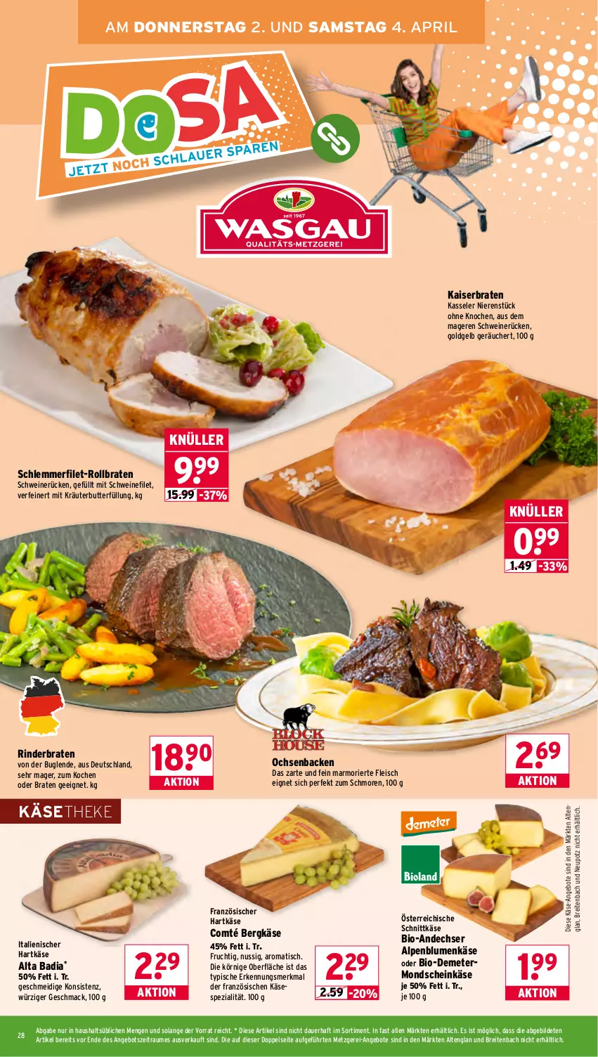 Aktueller Prospekt Wasgau - von 30.03 bis 04.04.2026 - strona 28 - produkty: angebot, angebote, auer, Bad, Bergkäse, bio, blume, blumen, braten, Brei, butter, comté, eis, filet, fleisch, frucht, hartkäse, italienischer hartkäse, Kaiser, Käse, käsetheke, kasseler, kräuter, kräuterbutter, mac, nuss, pril, rind, rinder, rinderbraten, rollbraten, schlemmerfilet, schnittkäse, schwein, schweine, schweinefilet, schweinerücken, Spezi, Ti, tisch, wein, weine