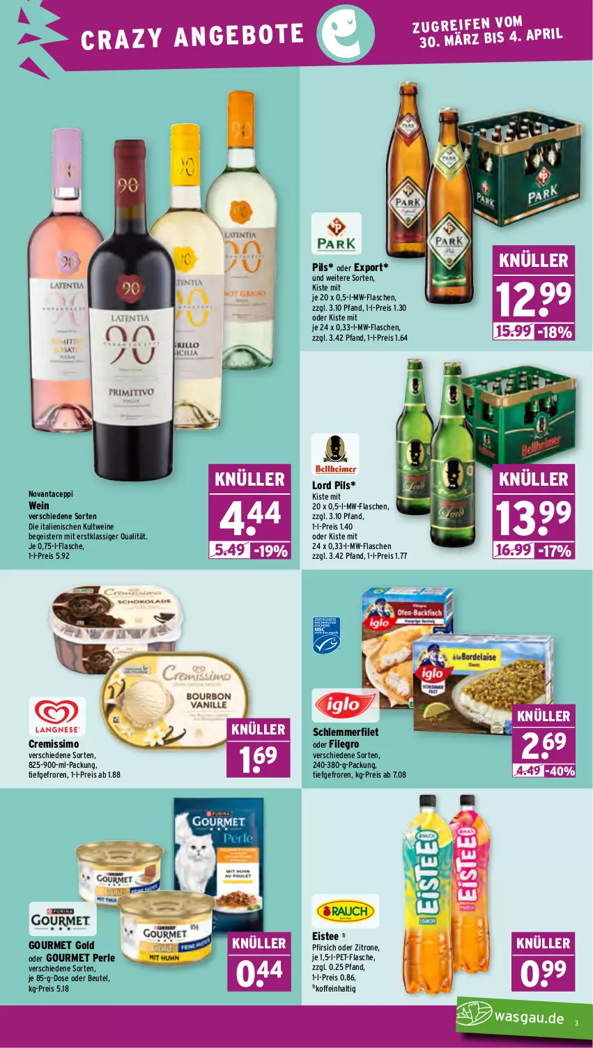 Aktueller Prospekt Wasgau - von 30.03 bis 04.04.2026 - strona 3 - produkty: beutel, cremissimo, eis, eistee, filegro, filet, flasche, gourmet gold, mw-flasche, pet-flasche, pfirsich, pils, pril, reis, sim, tee, Ti, wein, weine, zitrone