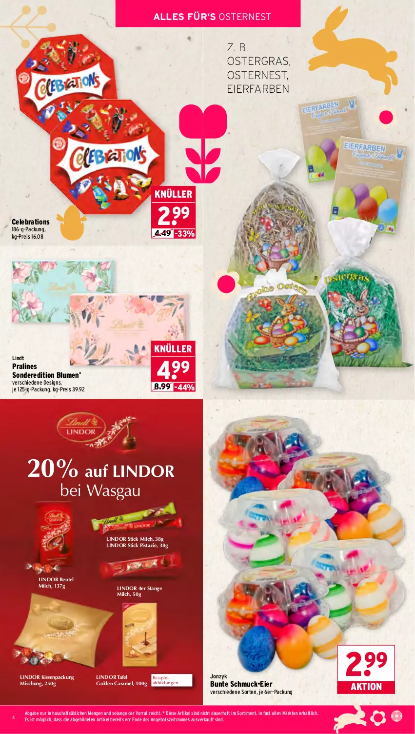 Aktueller Prospekt Wasgau - von 30.03 bis 04.04.2026 - strona 4 - produkty: angebot, auer, beispielabbildung, beutel, blume, blumen, caramel, eier, eis, kissen, lindor, lindt, milch, reis, Schmuck, Ti