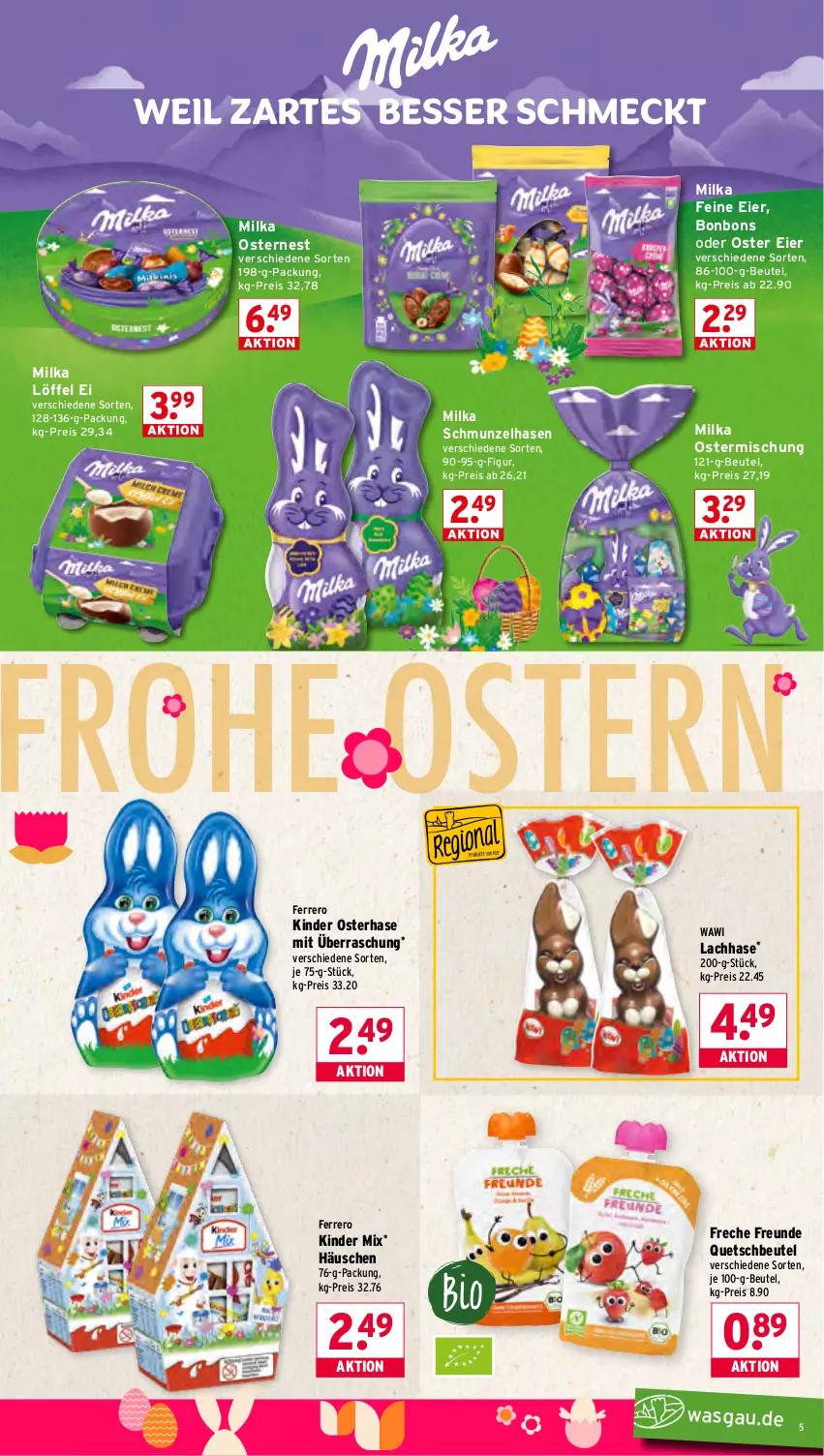 Aktueller Prospekt Wasgau - von 30.03 bis 04.04.2026 - strona 5 - produkty: beutel, bonbons, eier, eis, ferrero, freche freunde, Kinder, Löffel, milka, quetschbeutel, reis, Ti