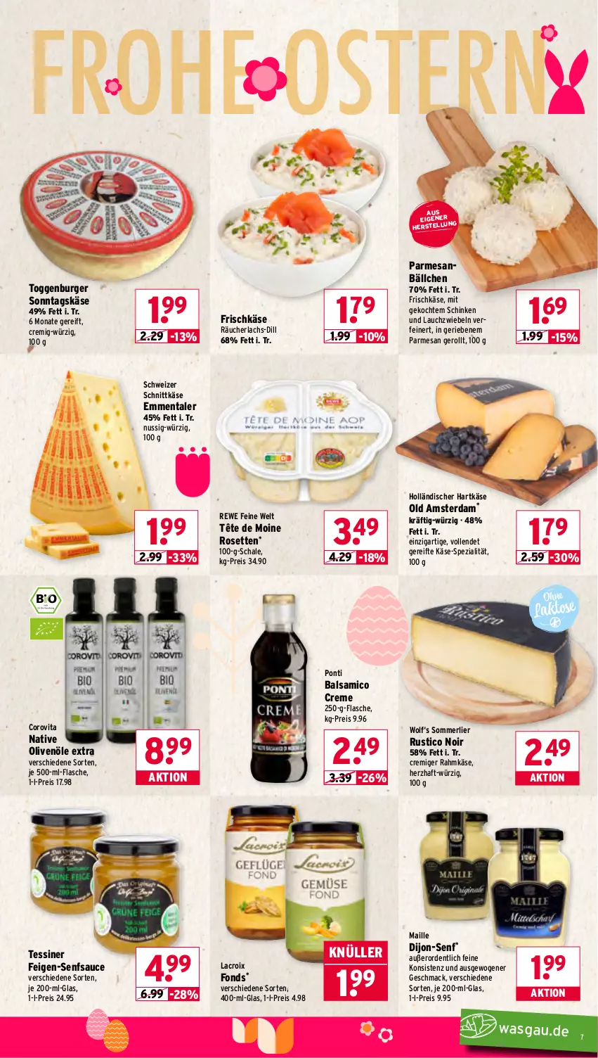 Aktueller Prospekt Wasgau - von 30.03 bis 04.04.2026 - strona 7 - produkty: balsam, balsamico, bier, Biere, bio, Bio-Olivenöl, burger, creme, dijon-senf, eis, emmentaler, Feigen, flasche, frischkäse, frucht, hartkäse, je 500-ml-flasche, Käse, lachs, Lauchzwiebel, lauchzwiebeln, mac, maille, merl, nuss, Old Amsterdam, olive, oliven, olivenöl, Räucherlachs, reis, rewe feine welt, sauce, Schal, Schale, schinken, schnittkäse, schweizer schnittkäse, senf, Spezi, Tête de Moine, Ti, vita, Vita C, zwiebel, zwiebeln