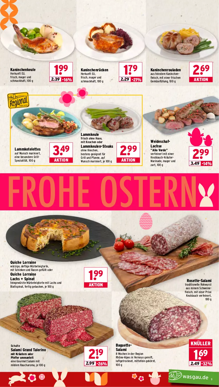 Aktueller Prospekt Wasgau - von 30.03 bis 04.04.2026 - strona 9 - produkty: axe, bacon, baguette, baguettes, blattspinat, eis, elle, erde, fleisch, für grill und pfanne, geback, gewürz, grill, grill und pfanne, Haxe, Kaninchenfleisch, Kaninchenkeule, Kaninchenrücken, knoblauch, kotelett, kräuter, kräutern, lachs, lamm, lammkeule, lammkotelett, mac, Mantel, marinade, pfanne, pfeffer, Quiche, Rauch, Rohwurst, rouladen, salami, schinken, schwein, schweine, schweinefleisch, Spezi, spinat, steak, steaks, tesa, Ti, torte, und pfanne, wein, weine, wurst, ZTE