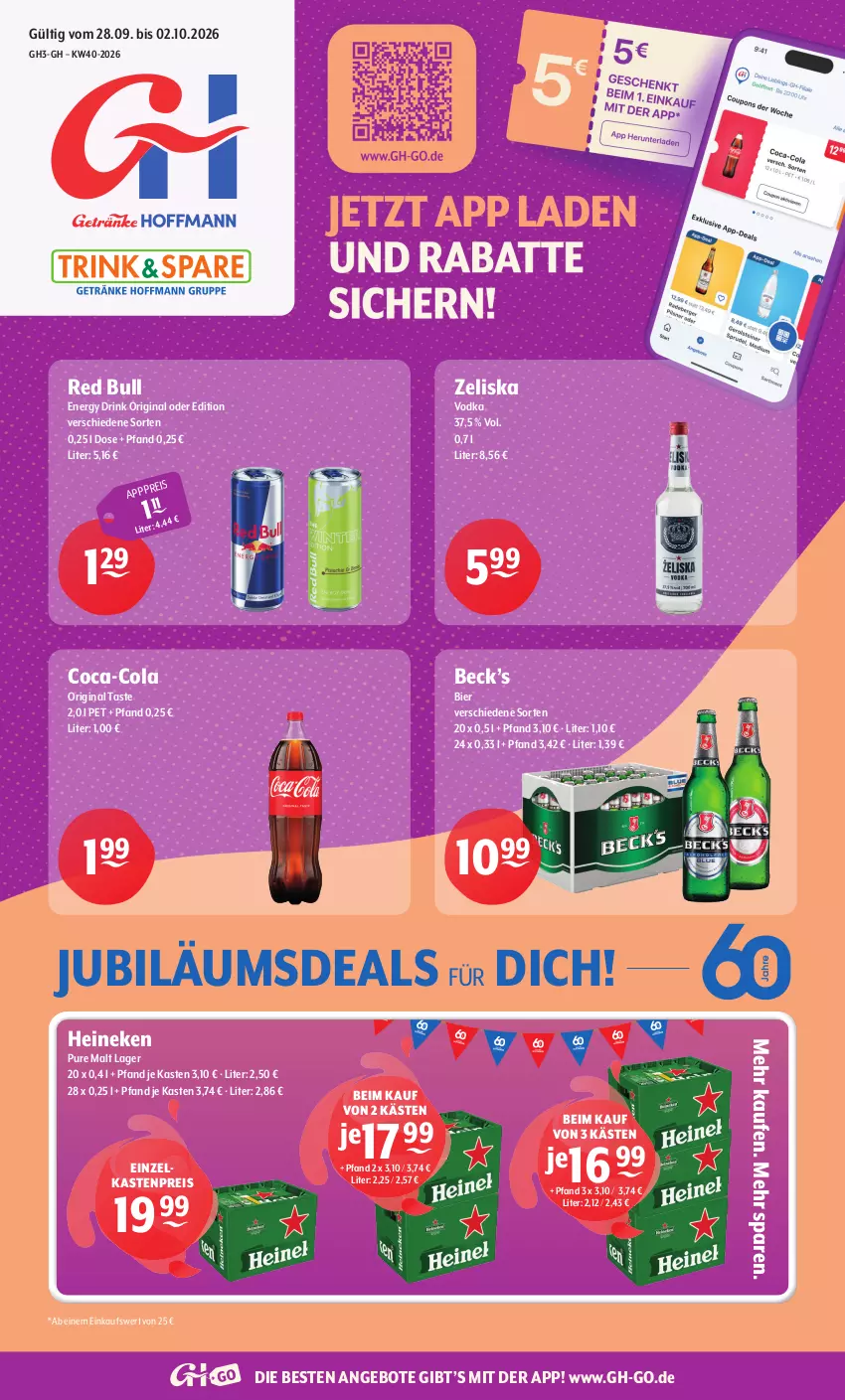 Aktueller Prospekt Getraenke Hoffmann - Prospekte - von 28.09 bis 02.10.2026 - strona 1 - produkty: angebot, angebote, bier, coca-cola, cola, drink, eis, energy drink, gin, heineken, Jubiläums, red bull, reis, Ti, vodka