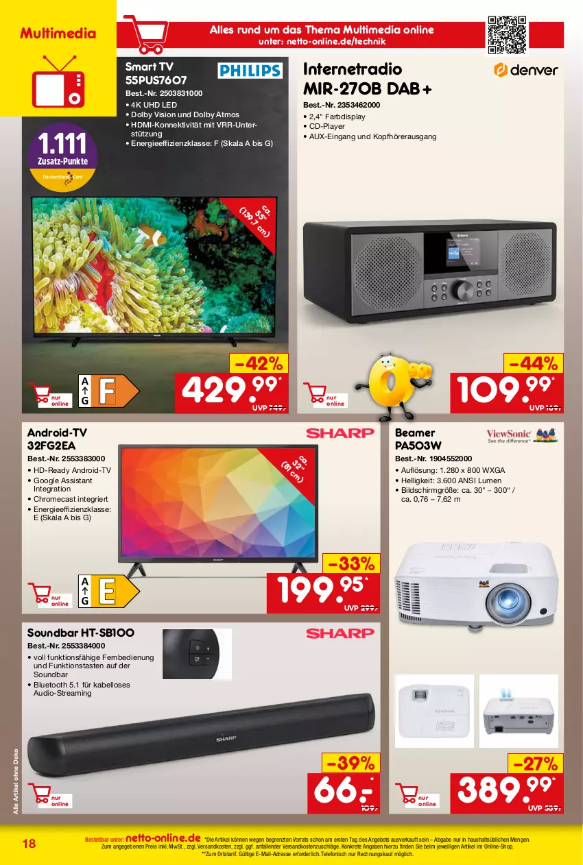 Aktueller Prospekt Netto Marken-Discount - Online-Angebote Oktober - von 02.10 bis 31.10.2023 - strona 18 - produkty: angebot, eis, fernbedienung, HDMI, kopfhörer, ndk, Radio, reis, smart tv, soundbar, telefon, Ti, uhd, ZTE