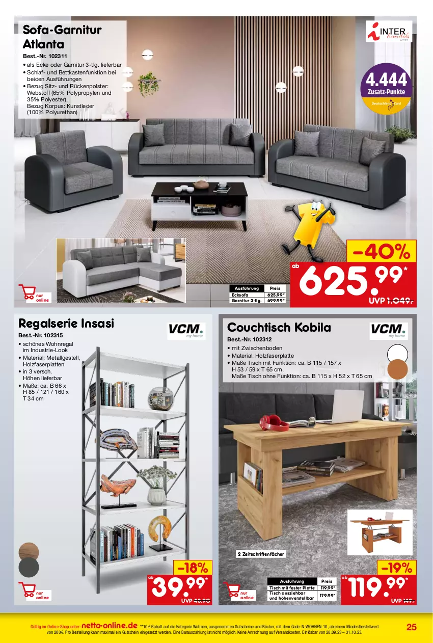 Aktueller Prospekt Netto Marken-Discount - Online-Angebote Oktober - von 02.10 bis 31.10.2023 - strona 25 - produkty: bett, bettkasten, Couch, couchtisch, eis, erde, garnitur, gutschein, gutscheine, Holz, latte, LG, ndk, regal, Regalserie, reis, Ria, Sofa, Ti, tisch, und bettkasten