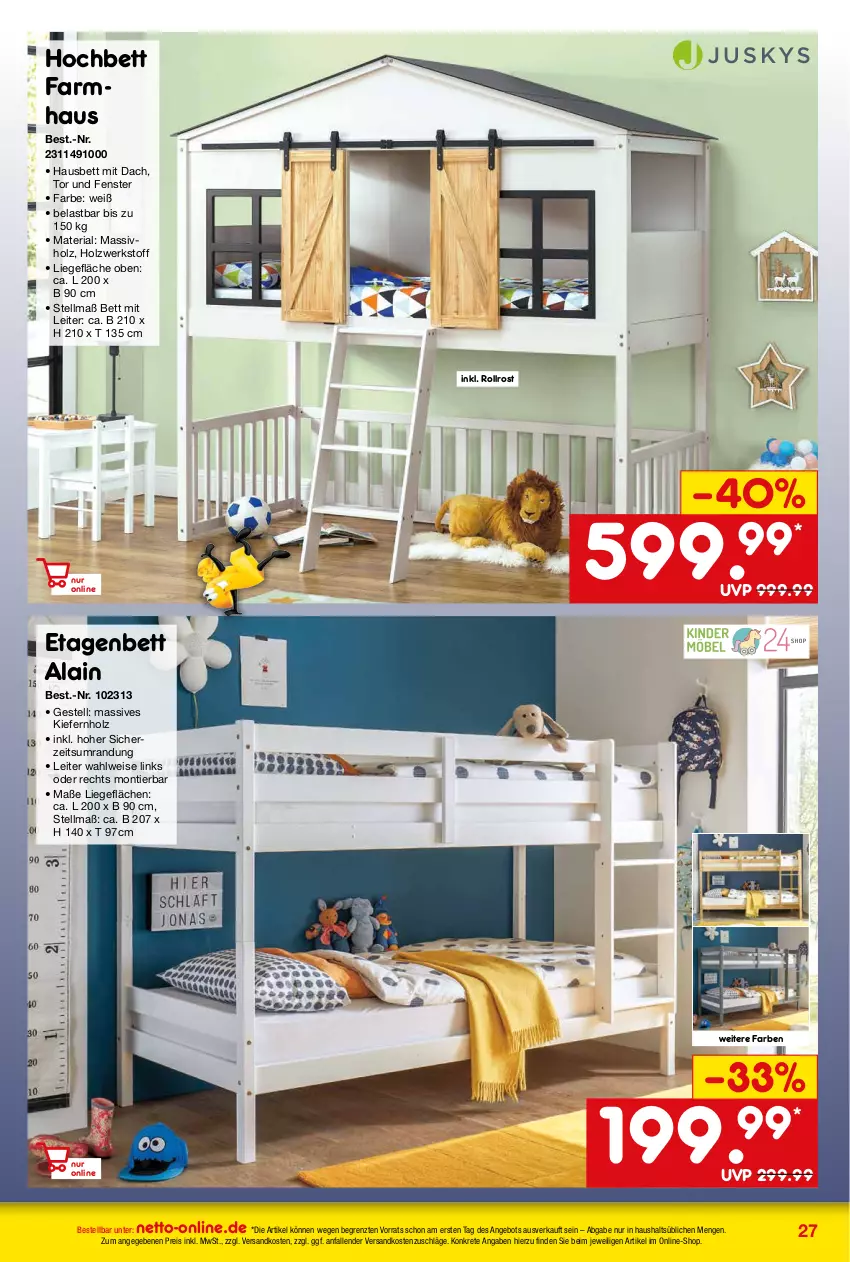 Aktueller Prospekt Netto Marken-Discount - Online-Angebote Oktober - von 02.10 bis 31.10.2023 - strona 27 - produkty: angebot, bett, eis, Etagenbett, fenster, hochbett, Holz, Liege, massivholz, ndk, reis, Ria, Ti, usb, ZTE