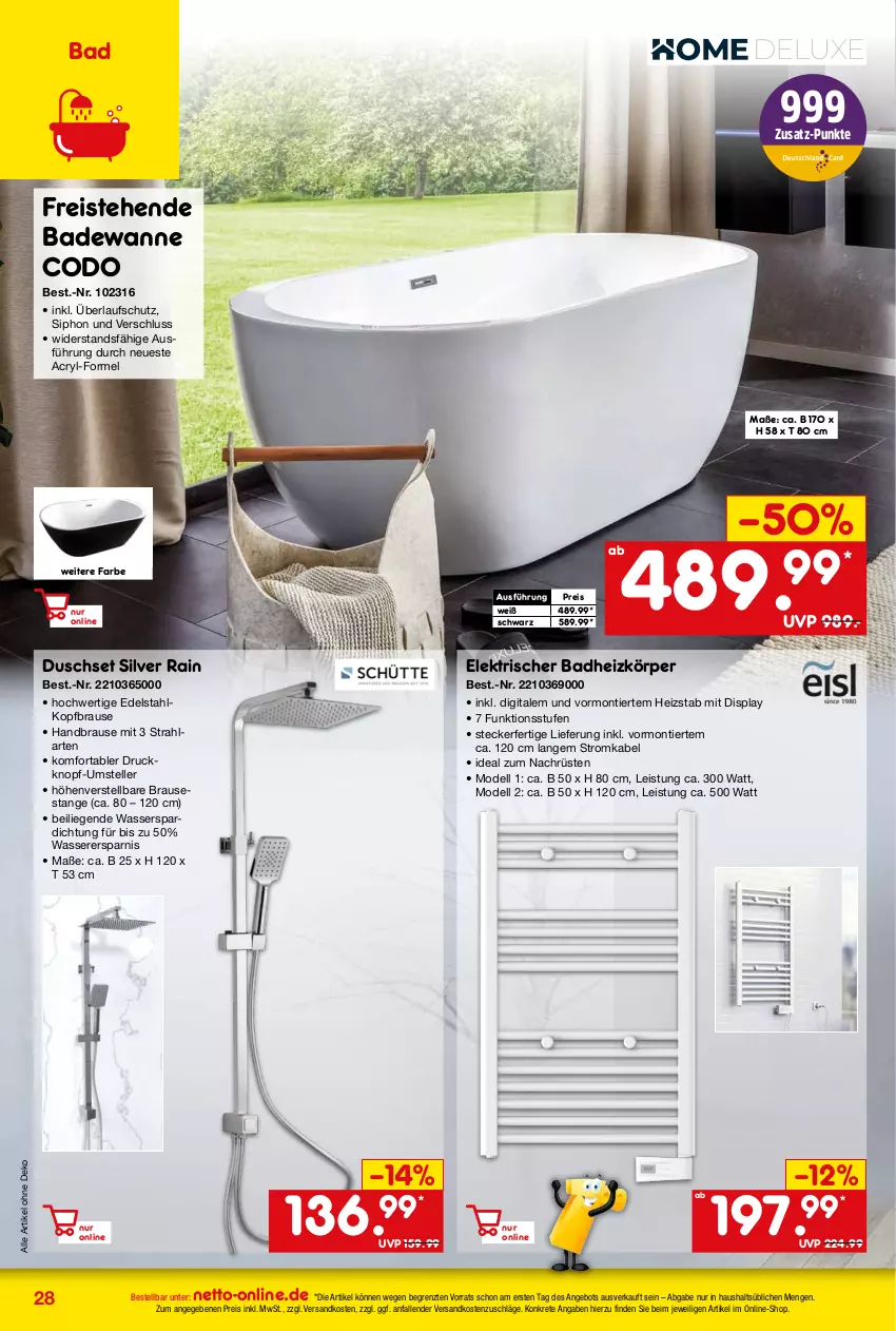 Aktueller Prospekt Netto Marken-Discount - Online-Angebote Oktober - von 02.10 bis 31.10.2023 - strona 28 - produkty: angebot, Bad, Badewanne, Badheizkörper, brause, dell, edelstahl, eis, elle, handbrause, Liege, Mode, ndk, reis, teller, Ti, Wanne, wasser, ZTE