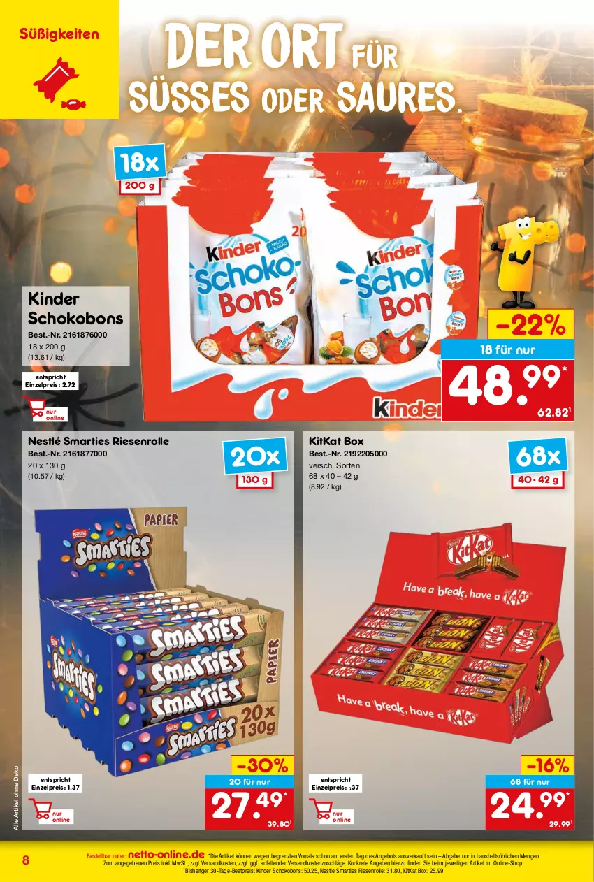 Aktueller Prospekt Netto Marken-Discount - Online-Angebote Oktober - von 02.10 bis 31.10.2023 - strona 8 - produkty: angebot, bestpreis, eis, essig, Kinder, Kinder Schokobons, kitkat, ndk, nestlé, reis, schoko, smarties, Ti, ZTE